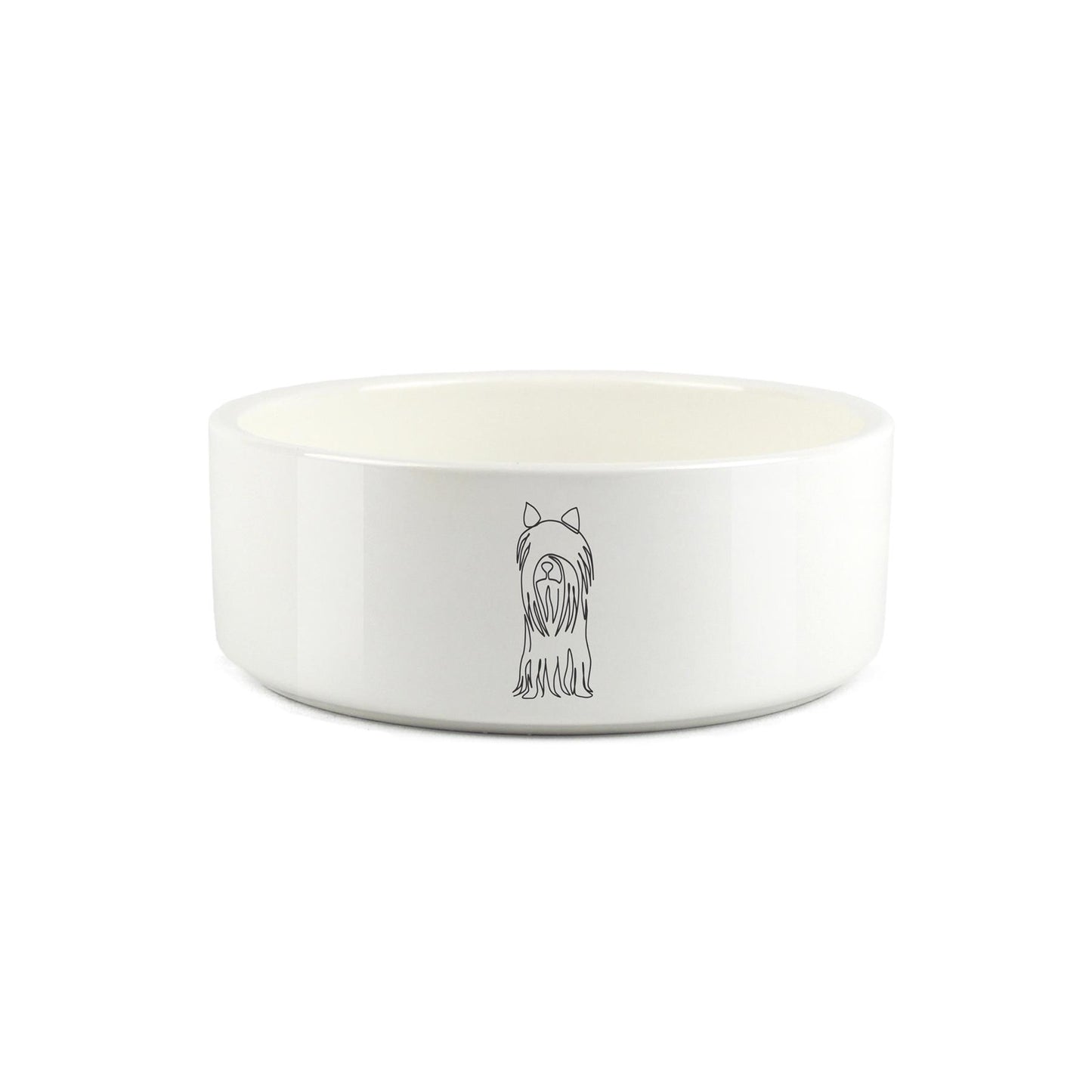 Minimalist line drawing of yorkshire terrier sitting on white ceramic pet bowl