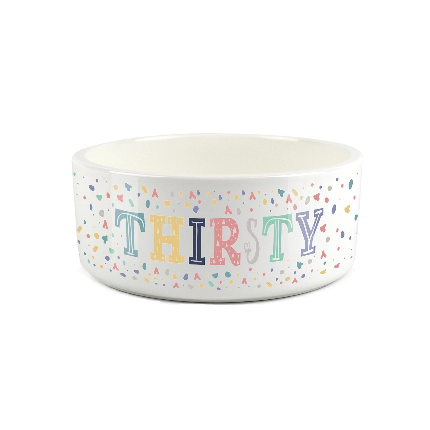 Colourful speckled thirsty design printed onto a large white ceramic pet bowl