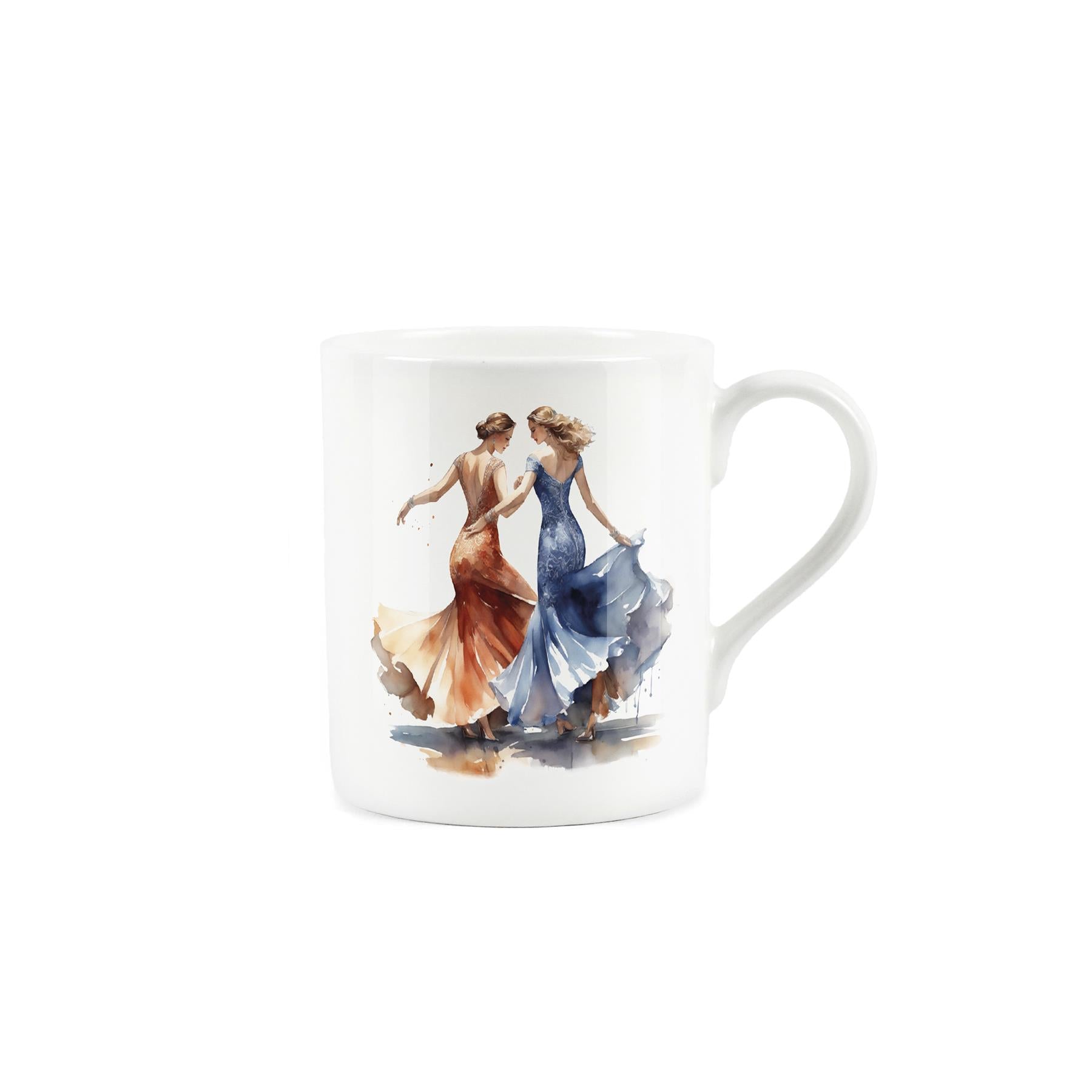 White bone china mug with pair of ladies dancing in colourful ballgowns