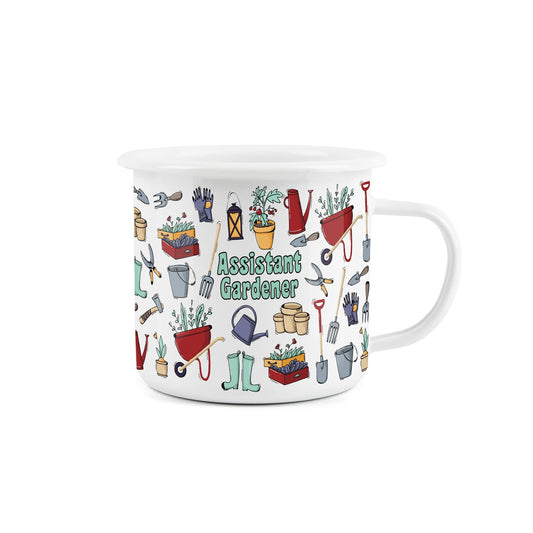 Assistant Gardener enamel mug for outdoor activities, featuring a cool gardening-themed design.