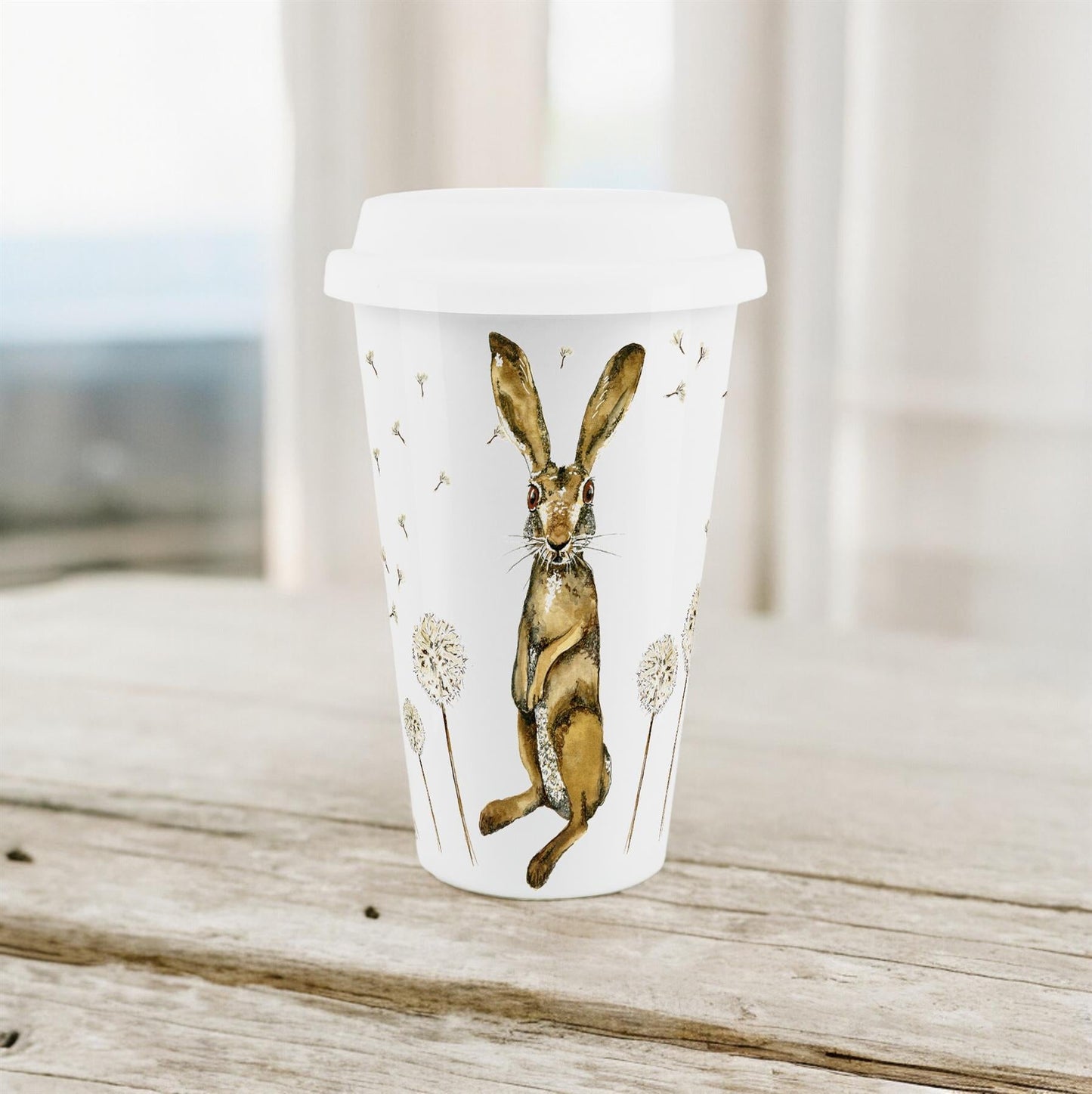 Hares & Dandelions Ceramic Travel Mug by Rhiannon Chauncey