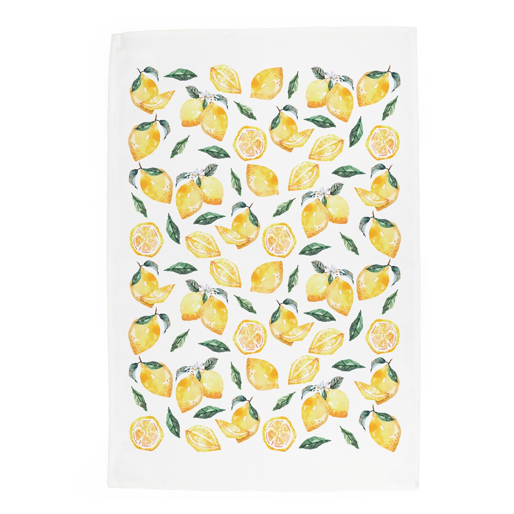 White cotton tea towel with printed watercolour floral lemon & leaves design