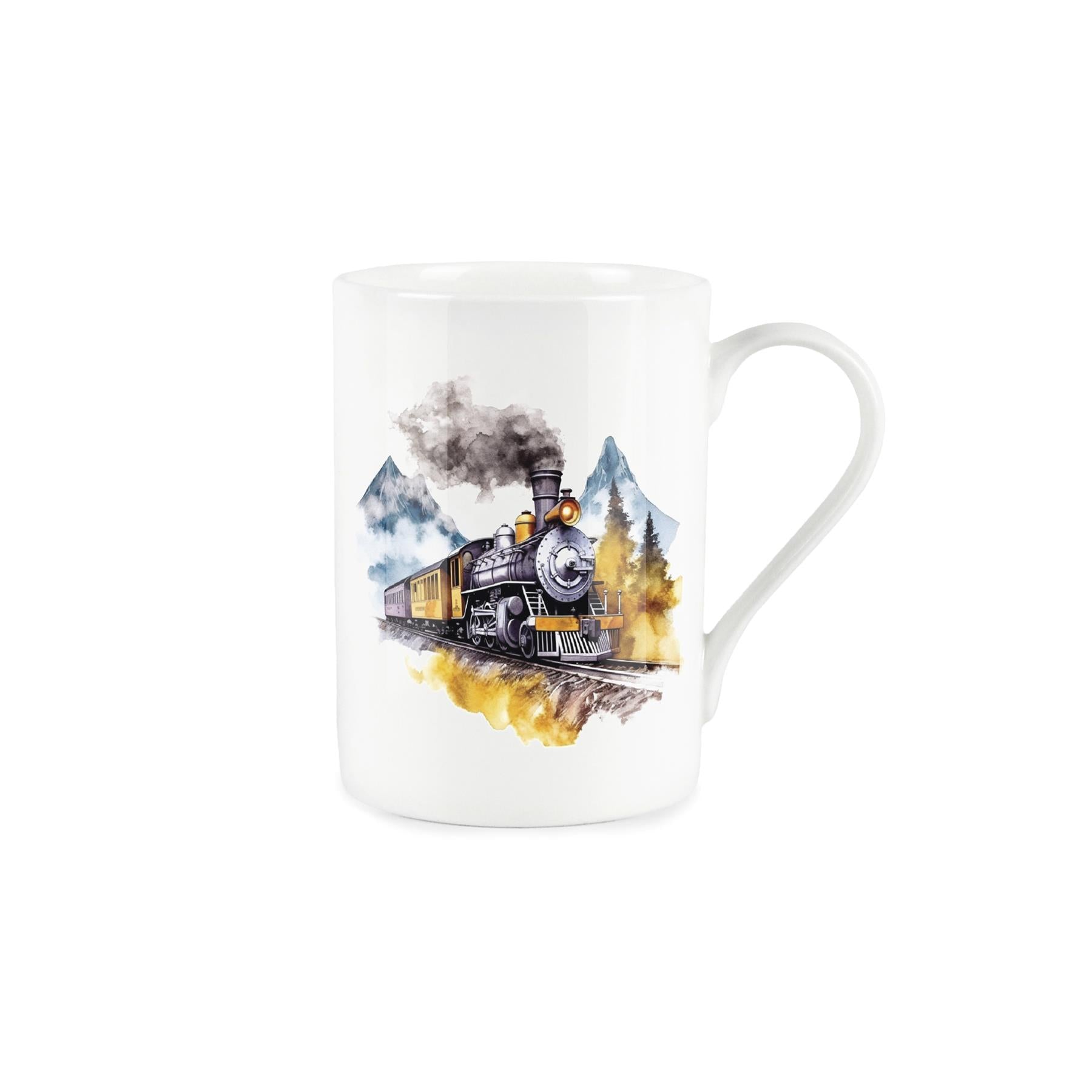 Bone china mug with painted depiction of black train passing through mountains