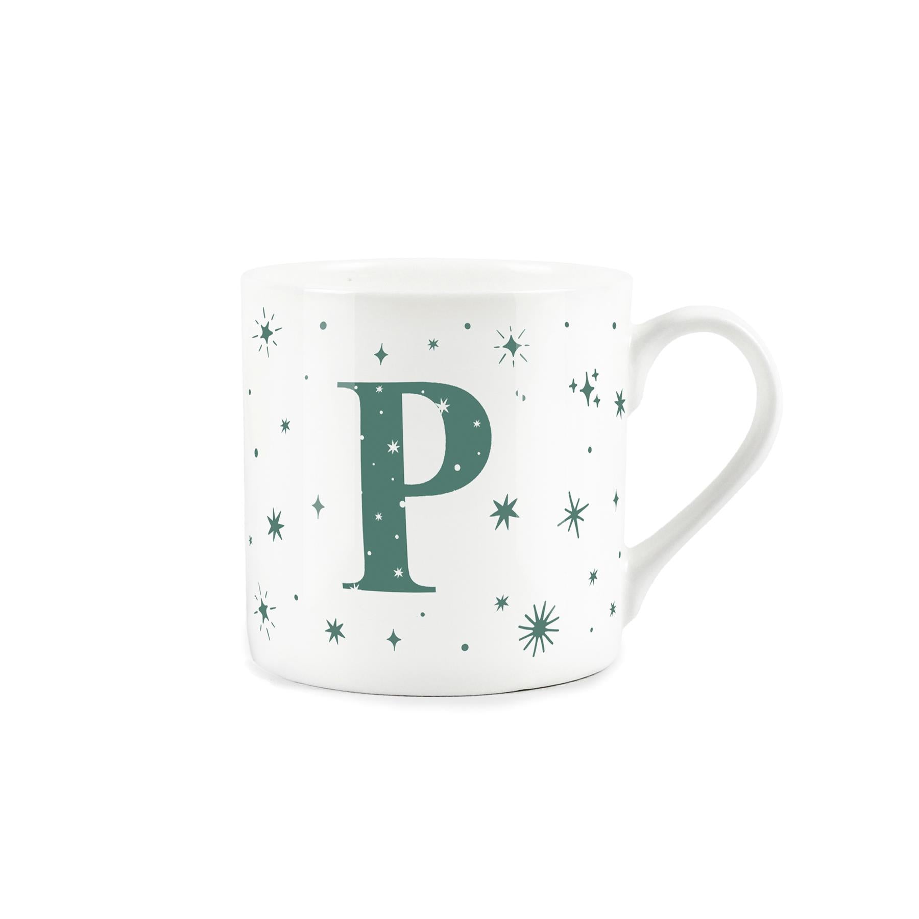 White bone china mug with green stars and letter 'P' alphabet design
