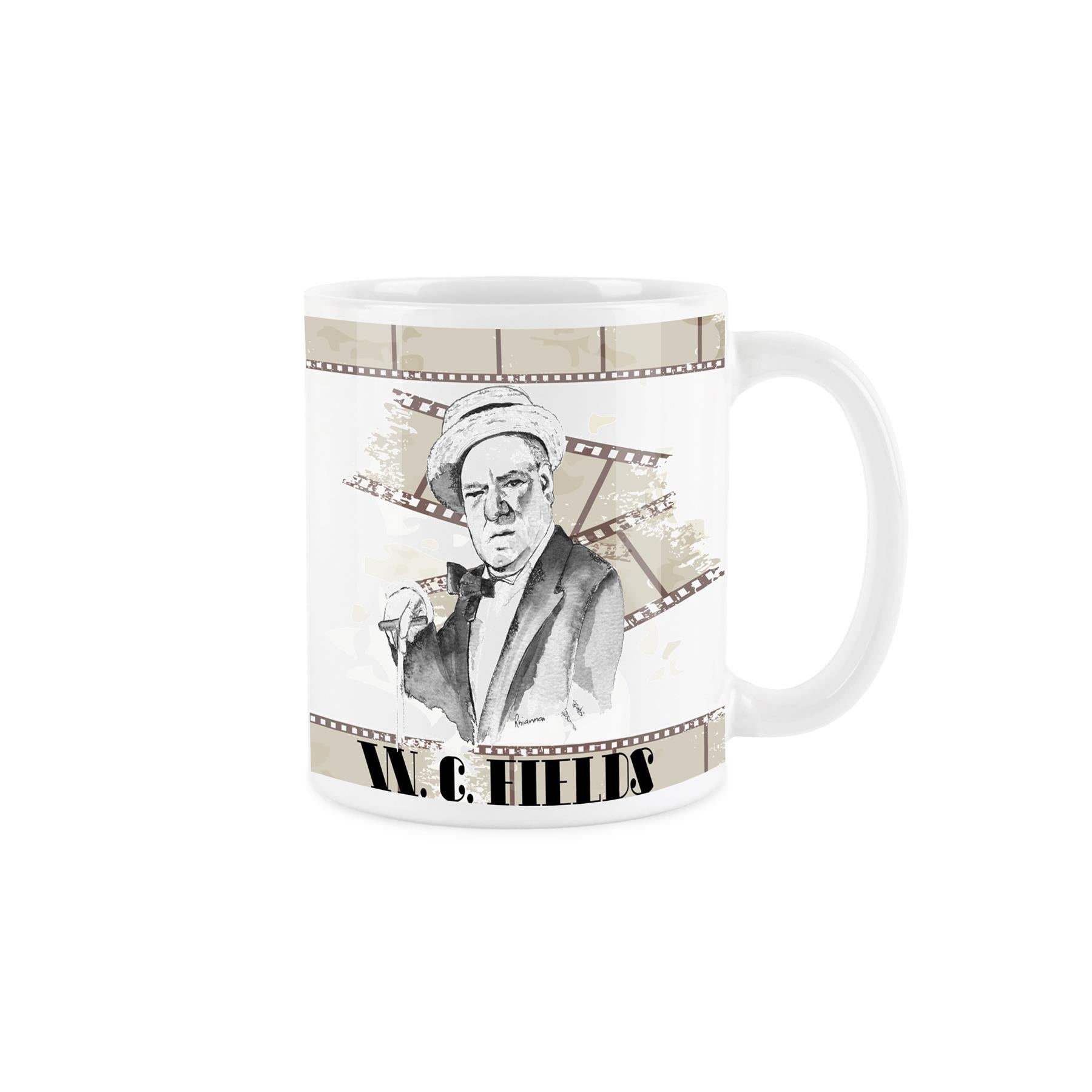 White ceramic mug featuring watercolour depiction of w.c. fields on a background of tea coloured film reels