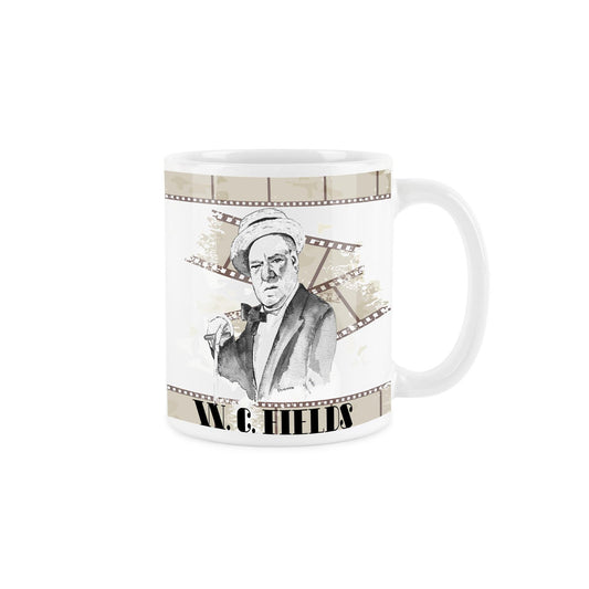 White ceramic mug featuring watercolour depiction of w.c. fields on a background of tea coloured film reels