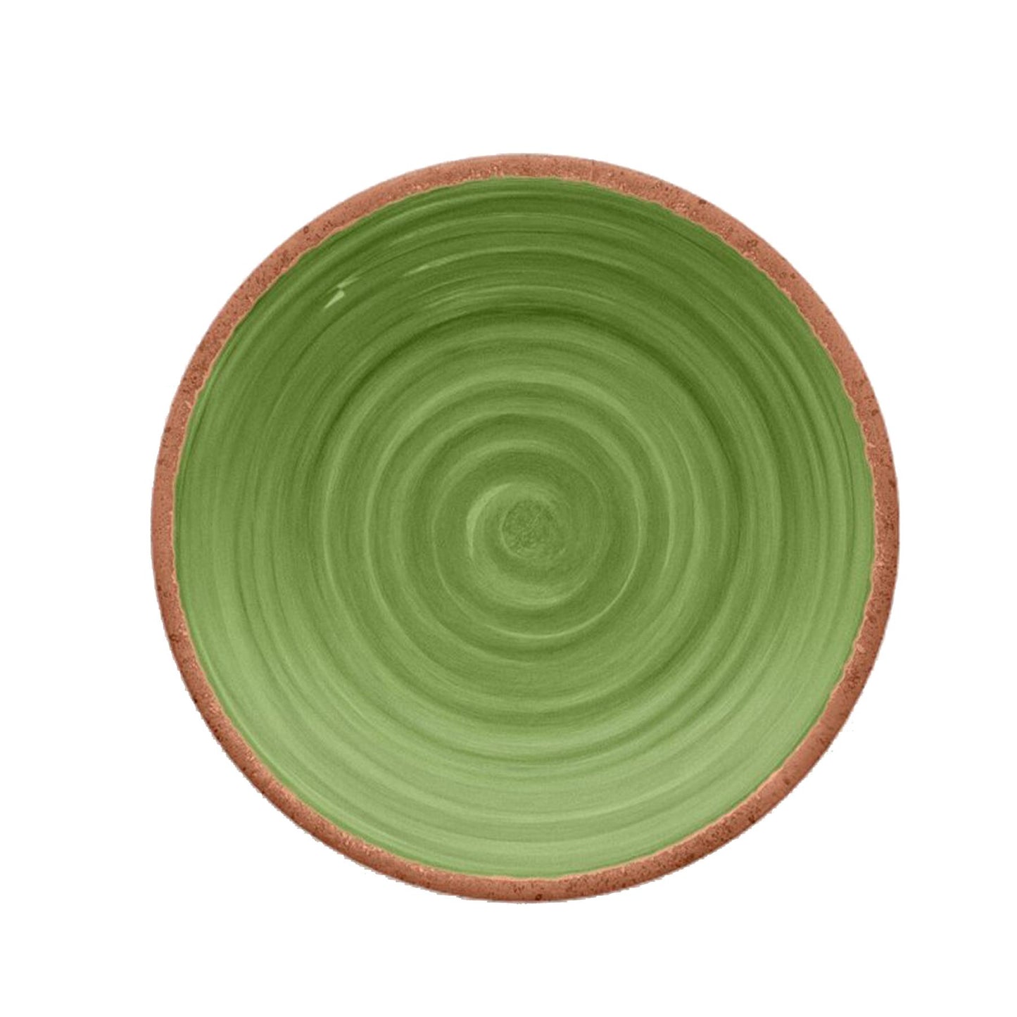 Melamine side plate featuring vibrant green swirl design and terracotta rim