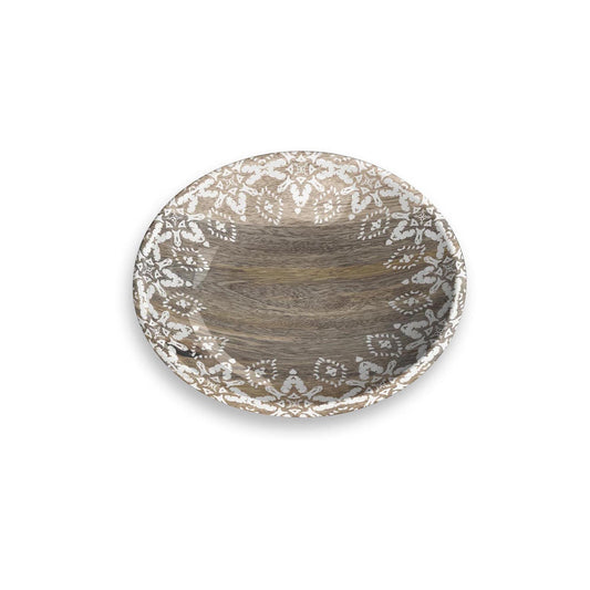 Lightweight melamine saucer with white Moroccan print on wooden-effect background. Dishwasher safe, break resistant, with non-skid silicone base.