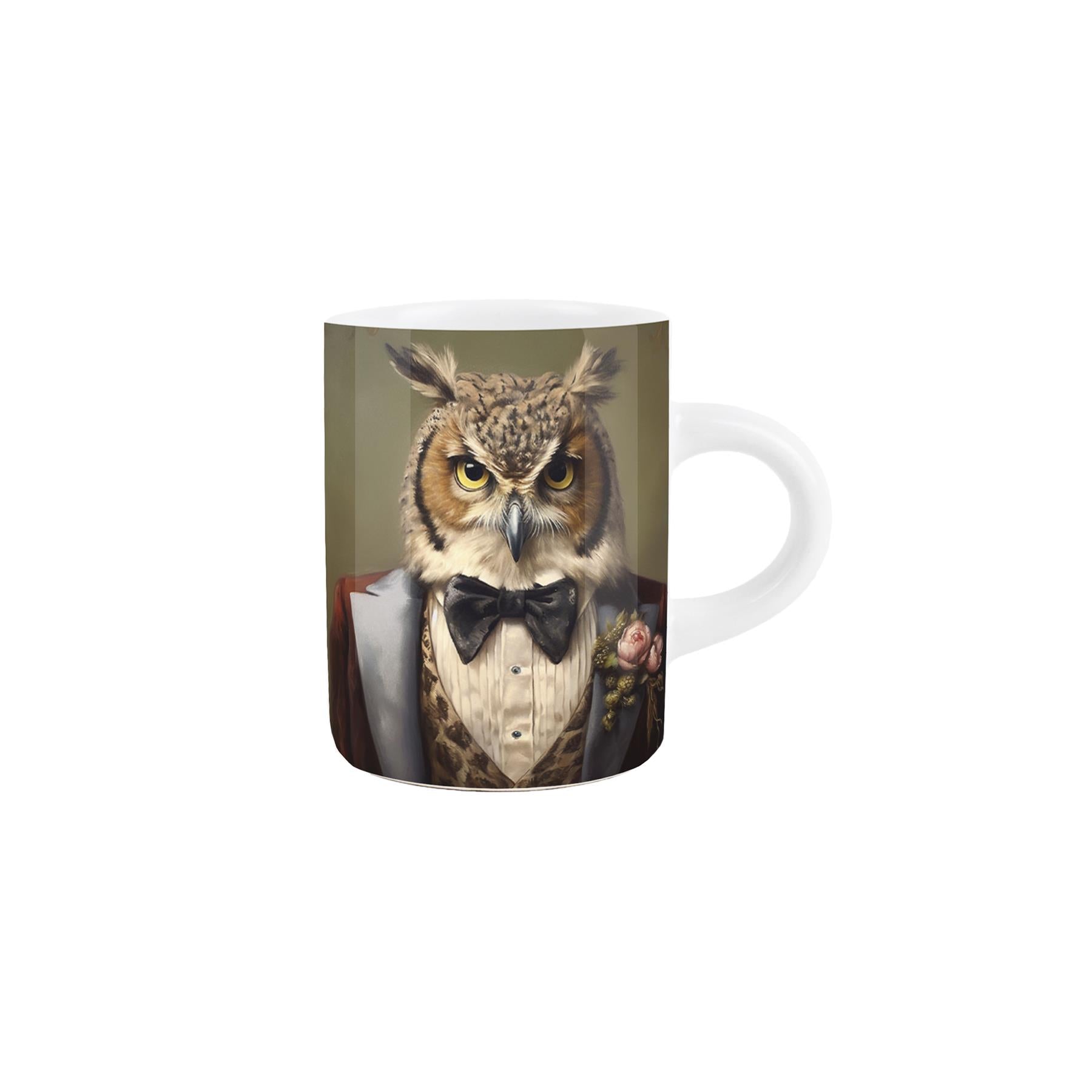 Small ceramic espresso mug with a lovely Edwardian-inspired owl design.