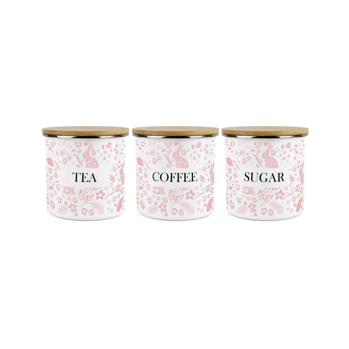 Wild Rabbits Tea Coffee & Sugar Enamel Jar Storage Canister Set - Pink