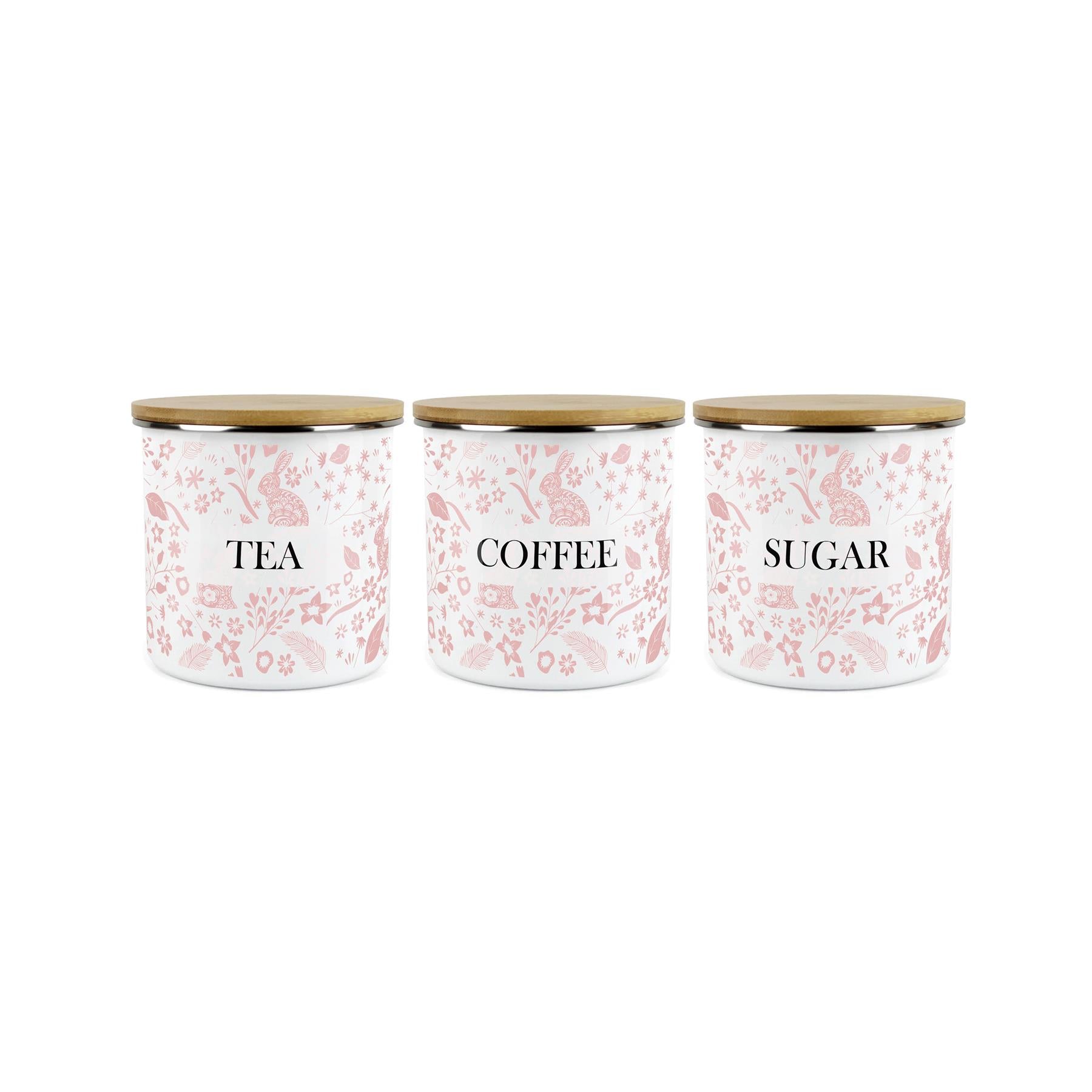 Wild Rabbits Tea Coffee & Sugar Enamel Jar Storage Canister Set - Pink