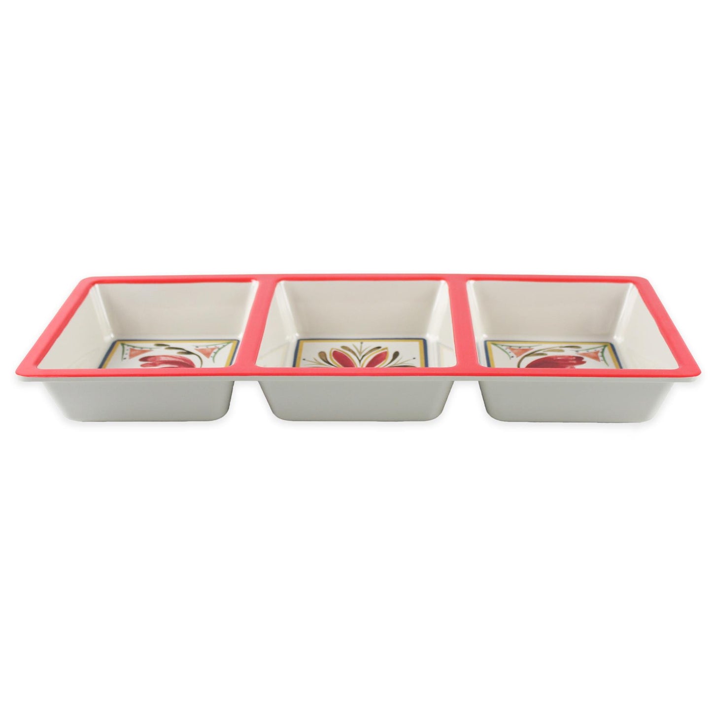 Rustic 3-section melamine serving tray with bold Mediterranean design. Break-resistant, ideal for serving cold meats, cheeses, chips, and dips.