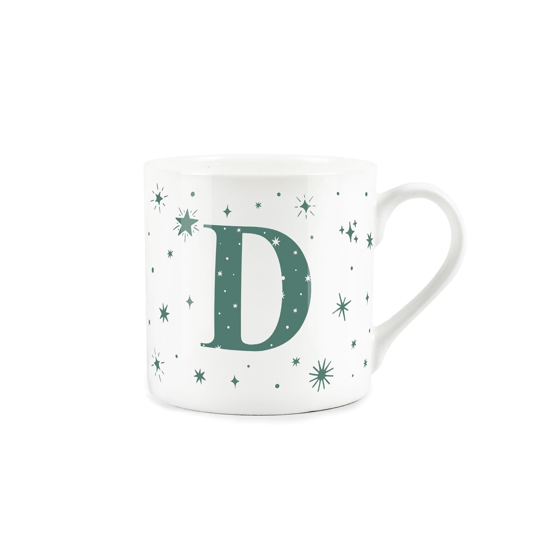 White bone china mug with green stars and letter 'D' alphabet design
