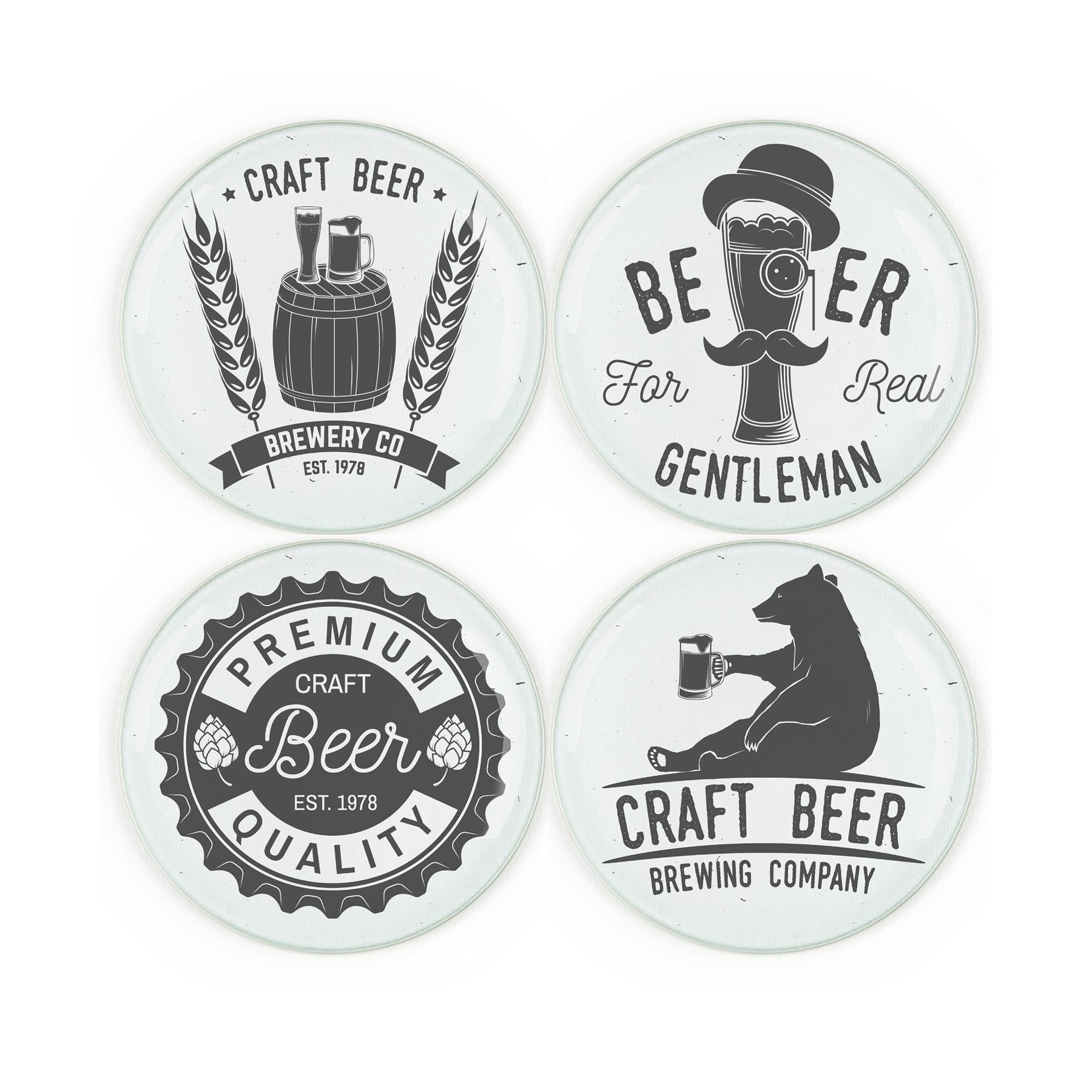 Set of four tempered glass coasters featuring various beer-themed silhouette designs