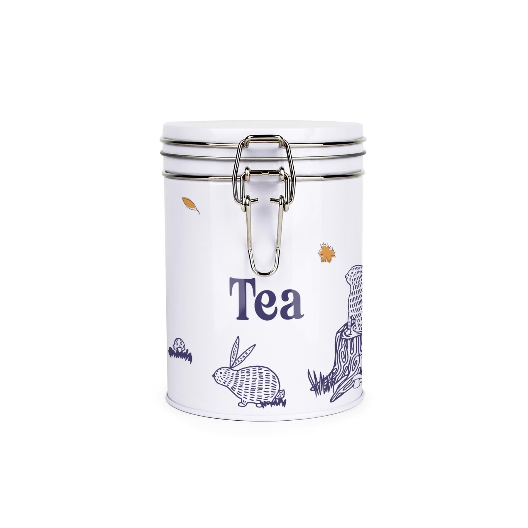 White metal canister with metal clip and lid featuring a simplistic woodland rabbits print with matte blue text detailing saying tea
