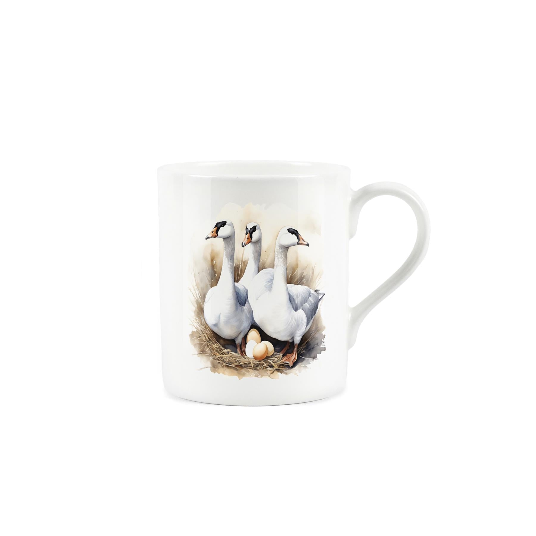 Three geese protecting eggs on a white bone china mug