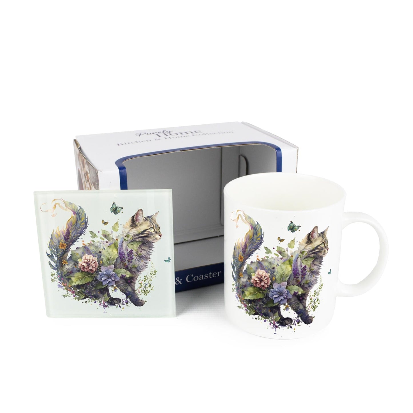 Foliage Cat Mug & Coaster Gift Set