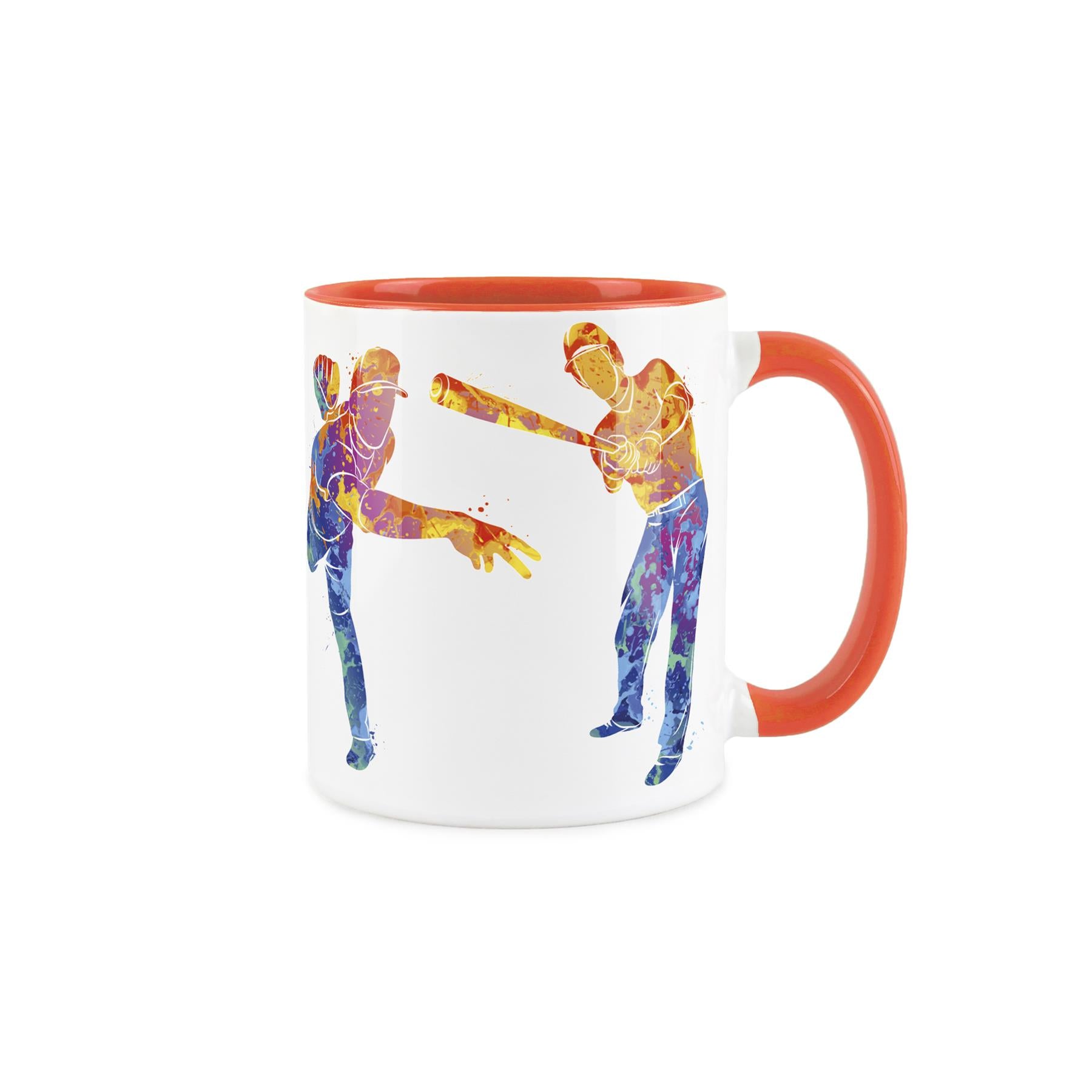 White ceramic mug featuring vibrant, paint-splattered depiction of athletes swimming