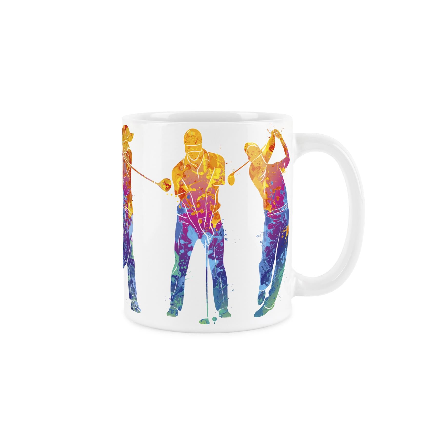 White ceramic mug featuring vibrant, paint-splattered depiction of people playing golf