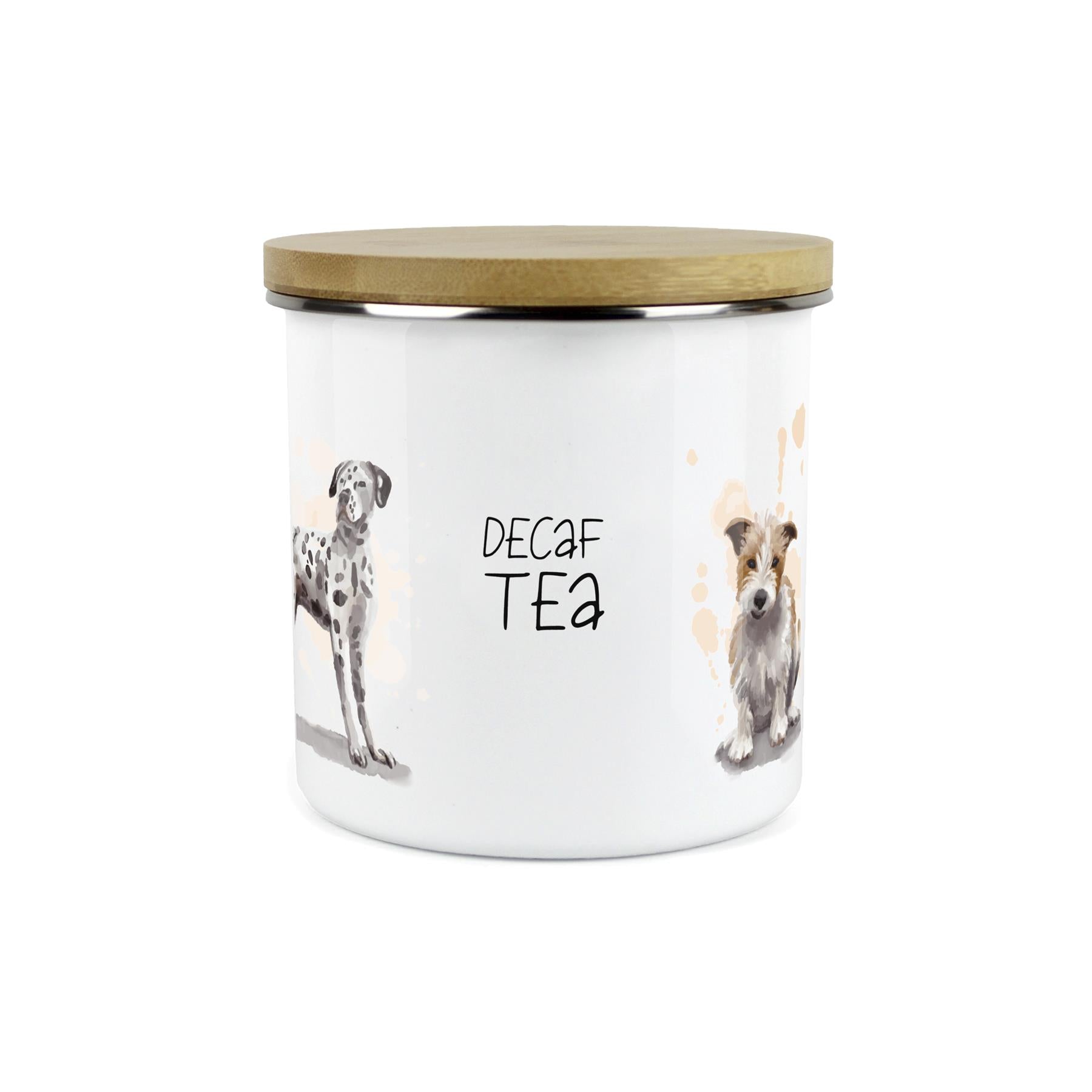 Decaf Tea Storage Canister - Dogs Watercolour Kitchen Enamel Metal Storage Jar