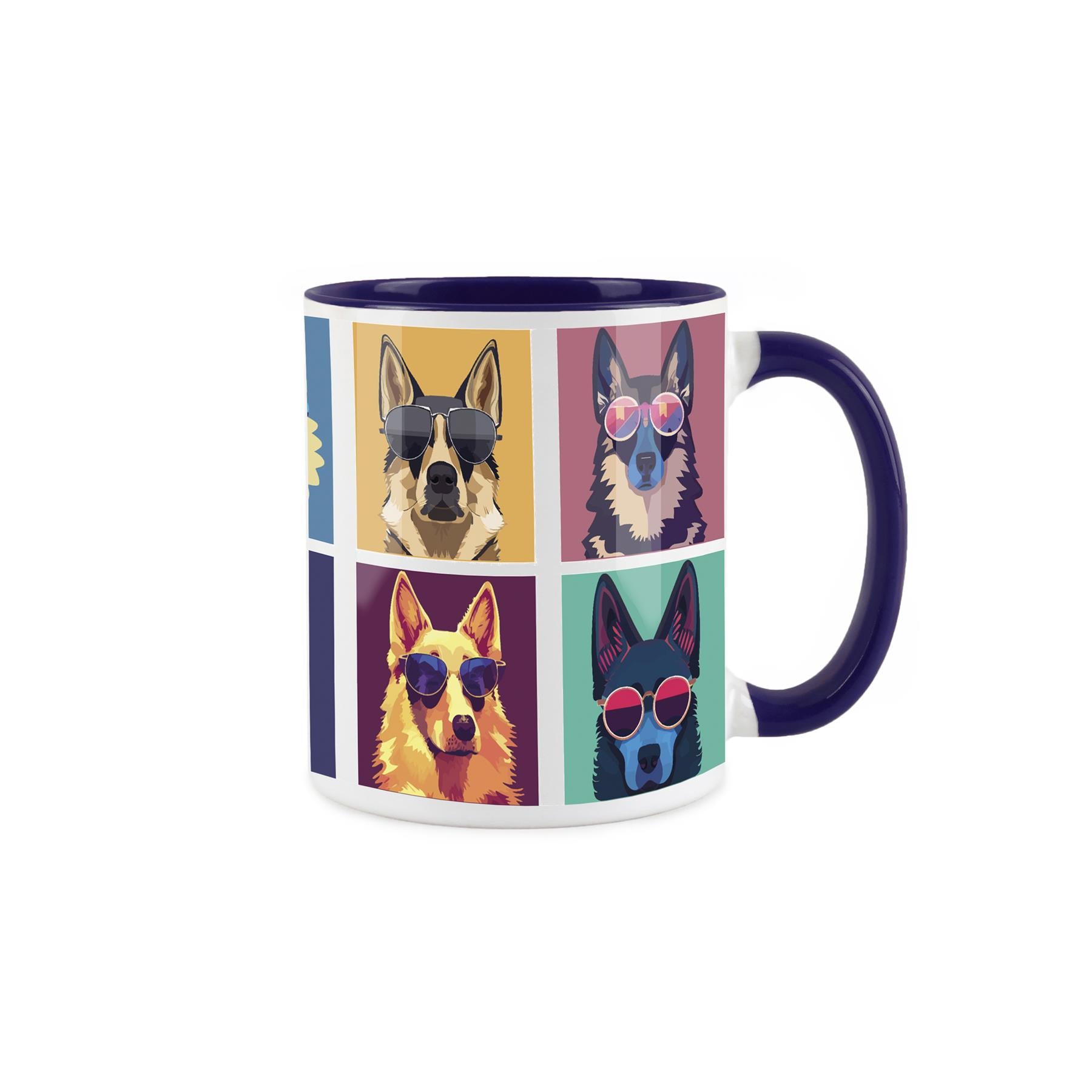 White ceramic mug with popart style depiction of colour dogs