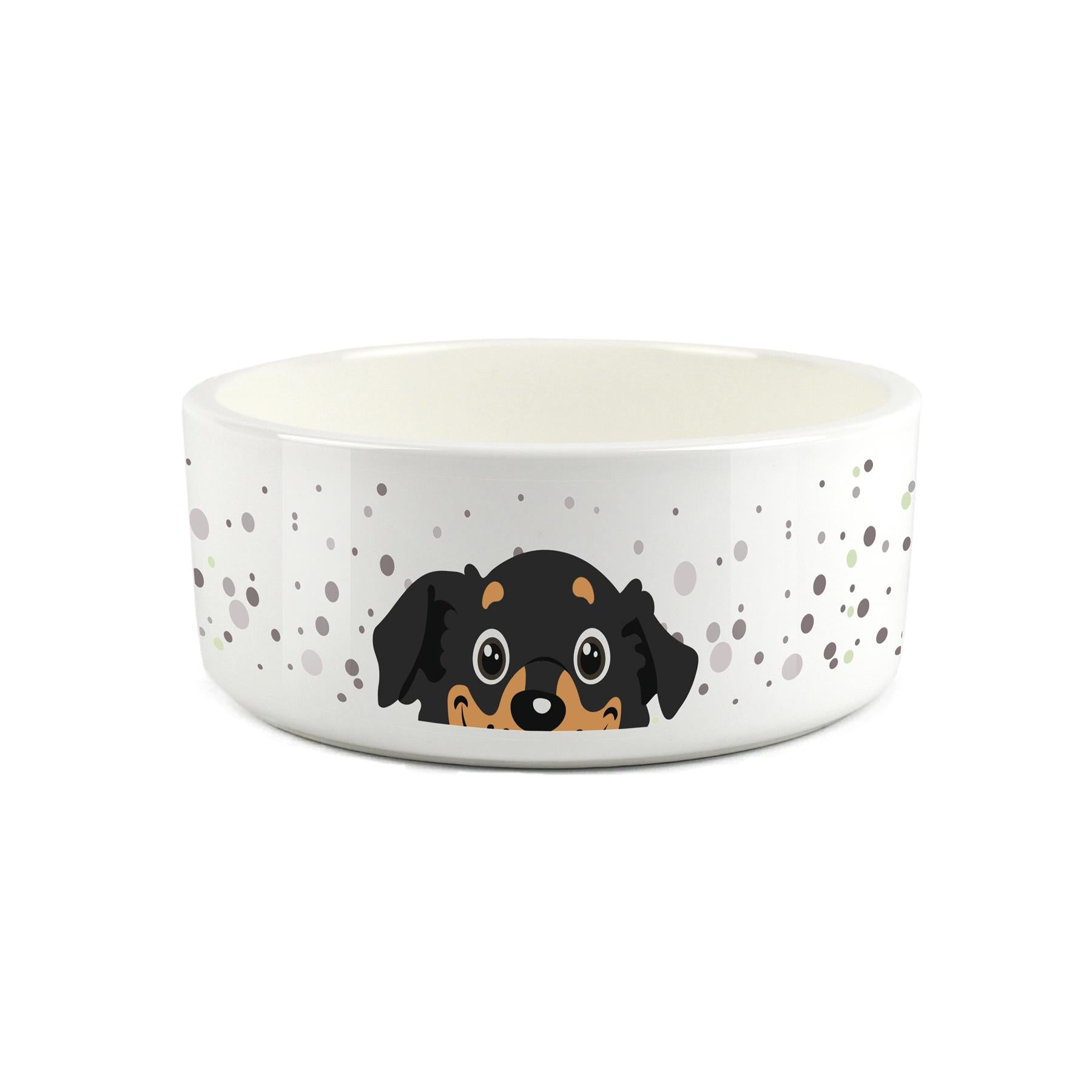 White ceramic pet bowl featuring cute peeping dog design