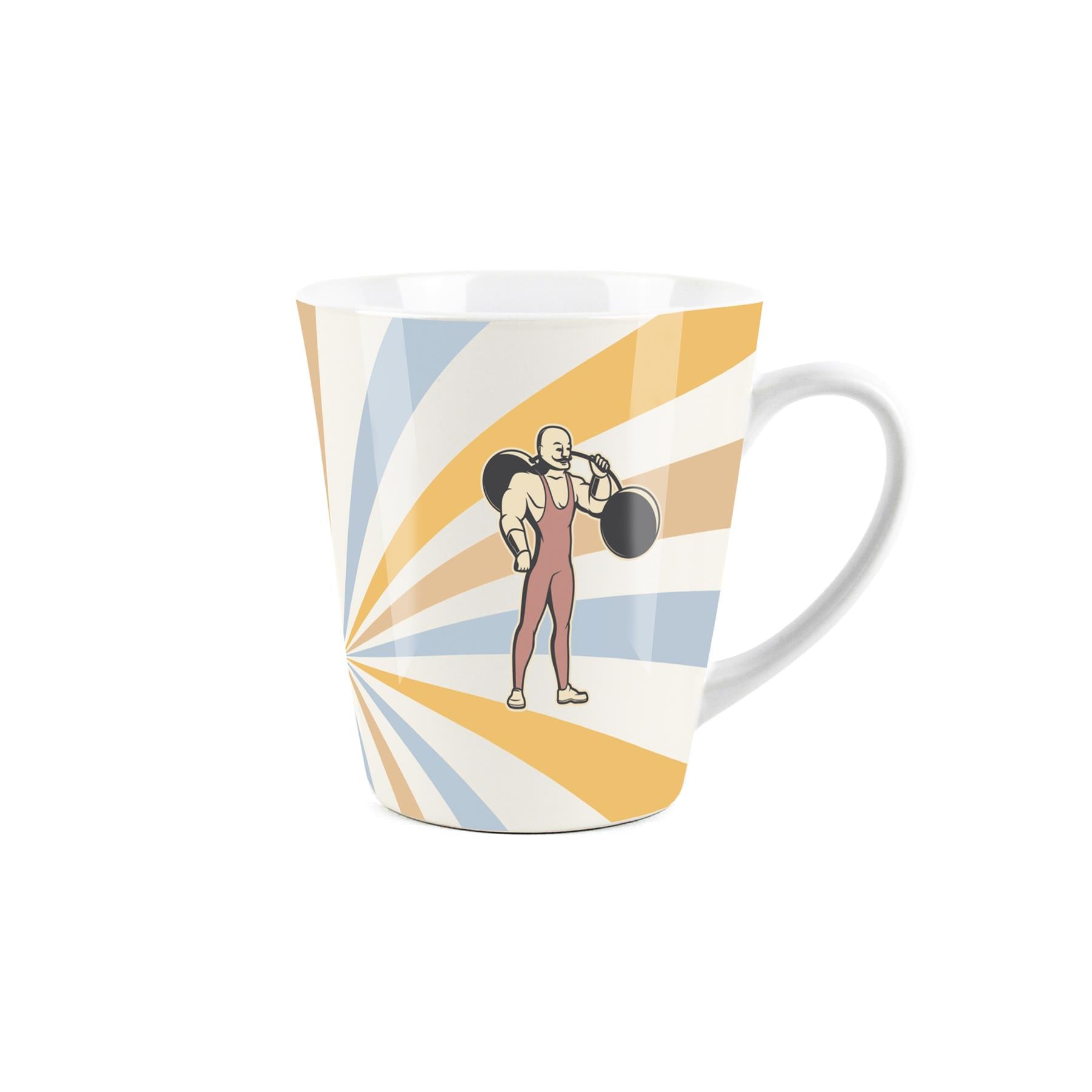 Small white latte mug featuring a vintage circus design