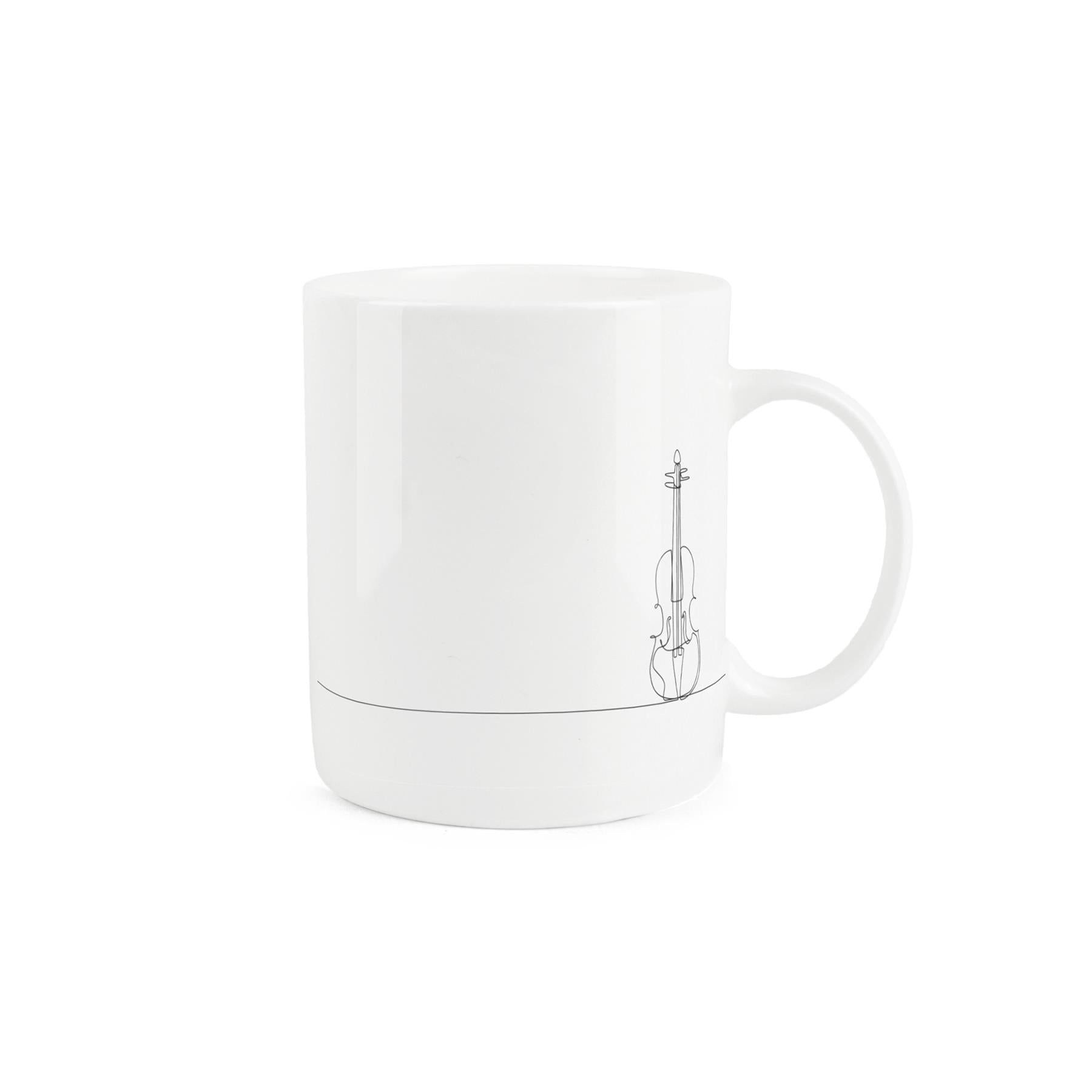 Simplistic bone china mug with a piano drawing.