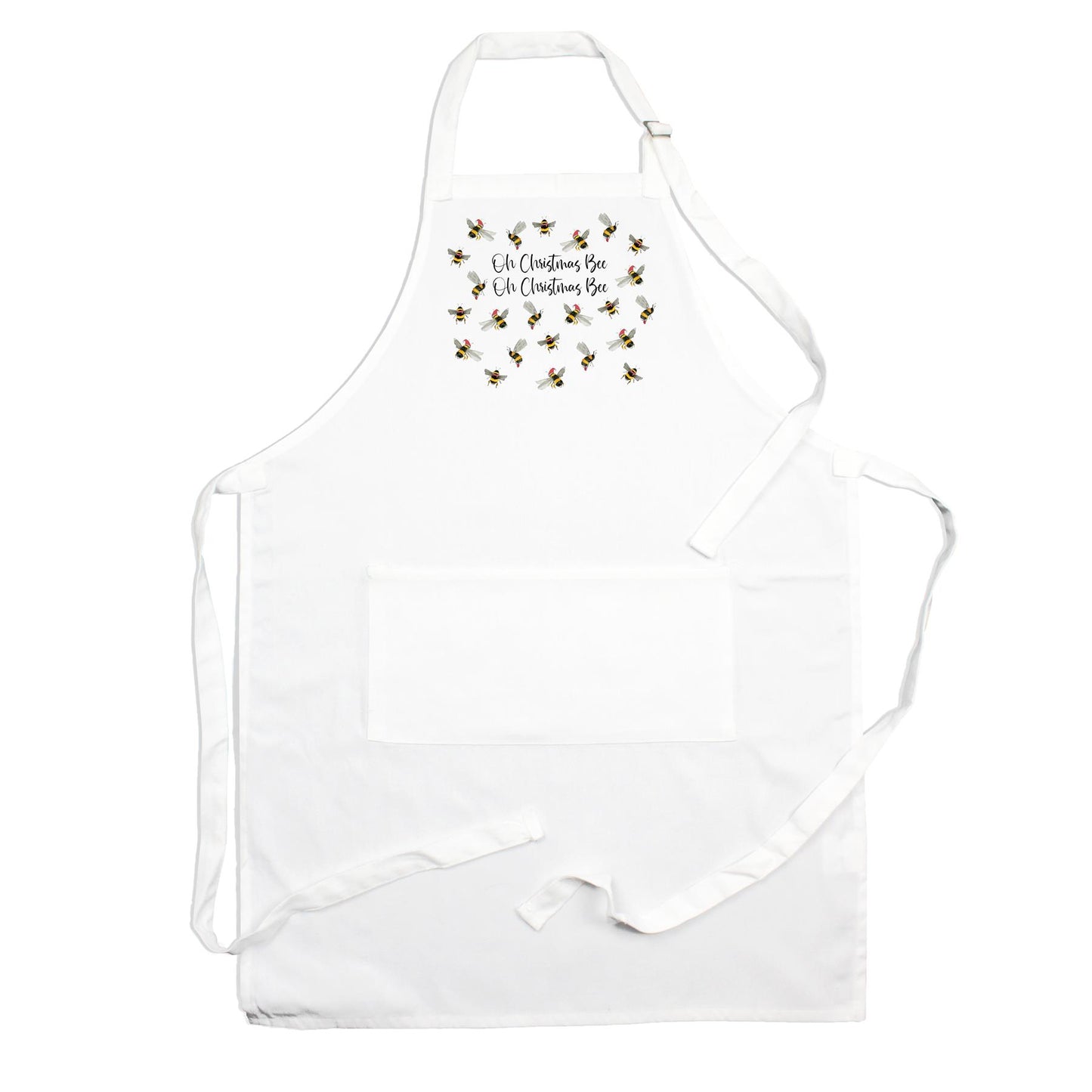 White apron feauturing christmas themed watercolour depiction of bees wearing christmas hats design above front pocket