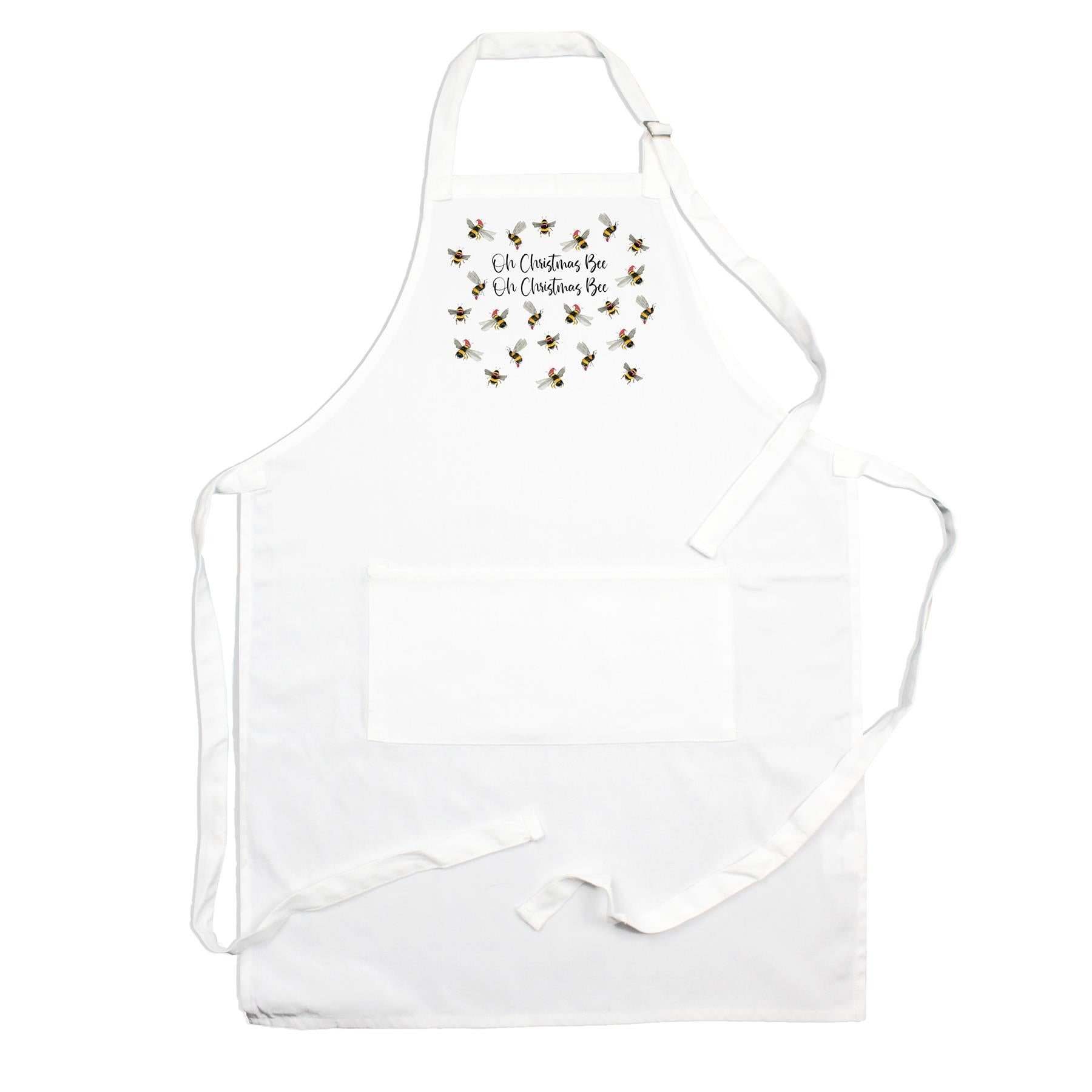 White apron feauturing christmas themed watercolour depiction of bees wearing christmas hats design above front pocket