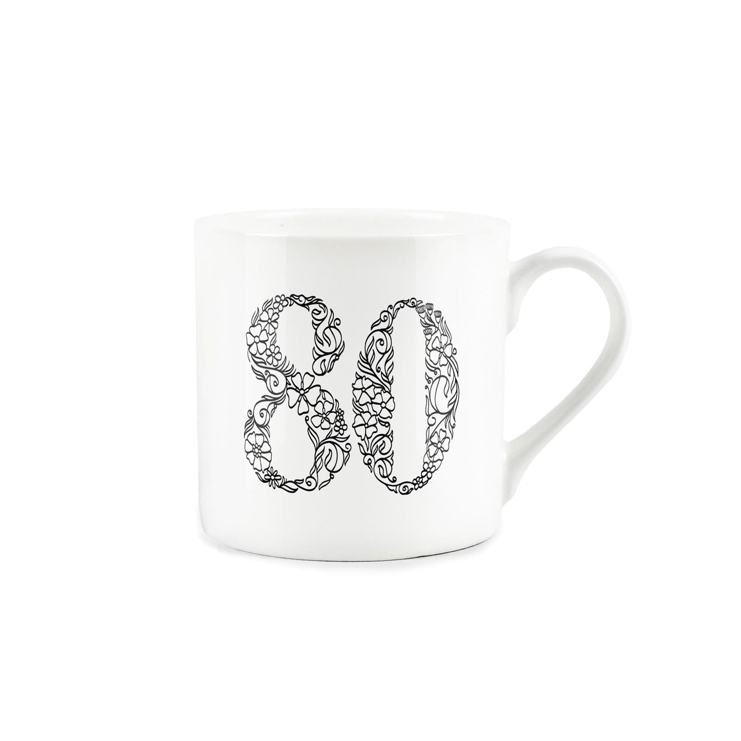 White bone china mug featuring number 80 in black floral line drawing