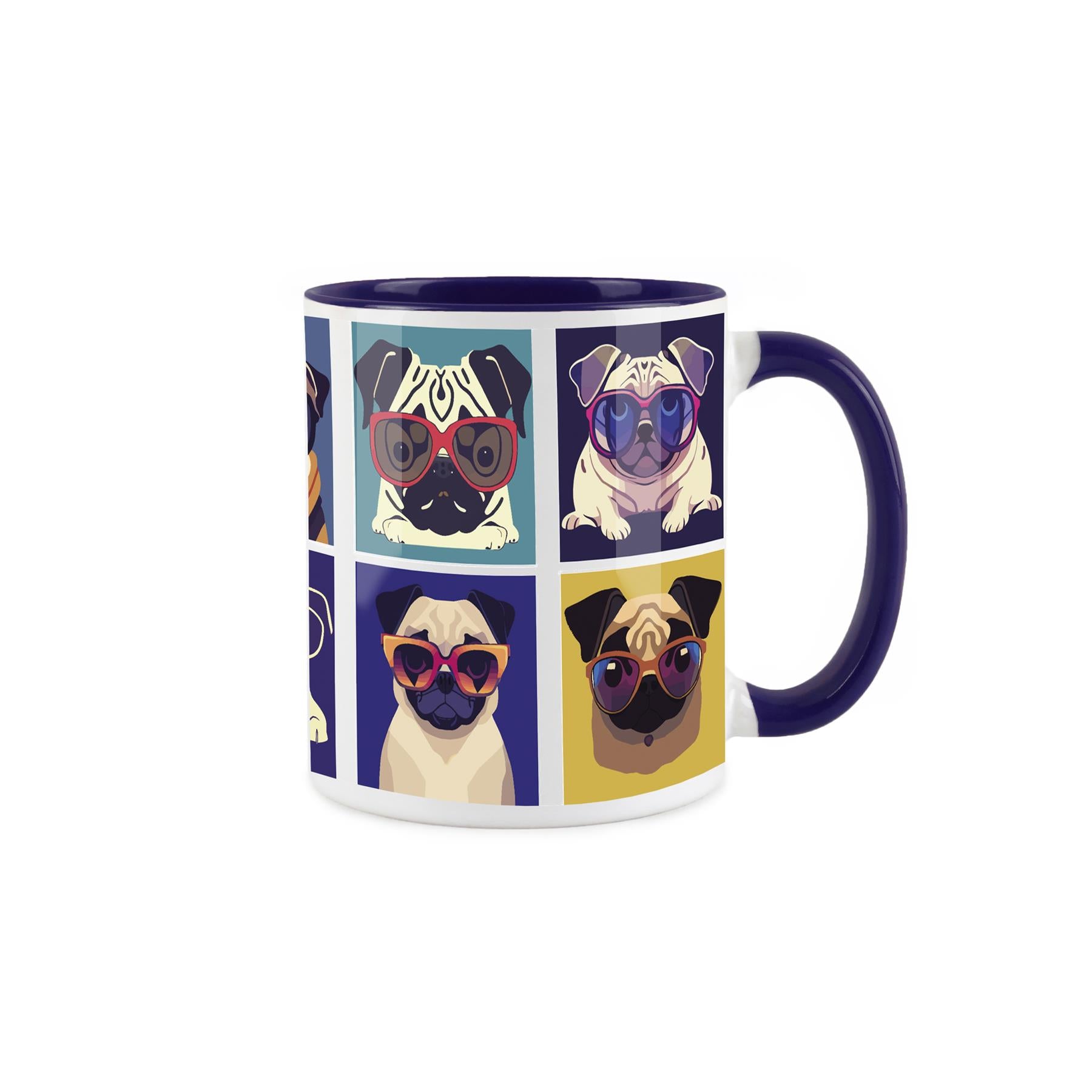White ceramic mug with popart style depiction of colour dogs