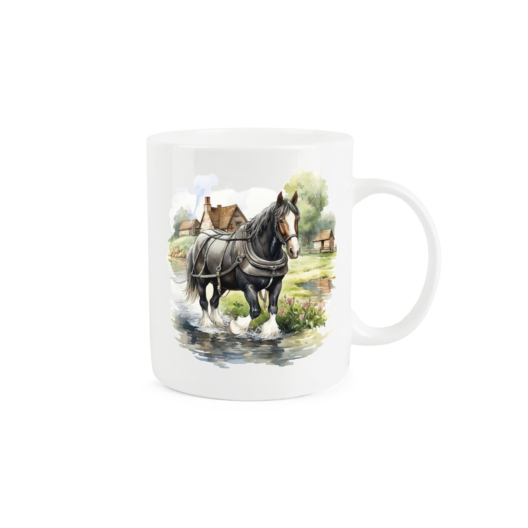 Bone china mug with watercolour artwork of shire horse walking next to river