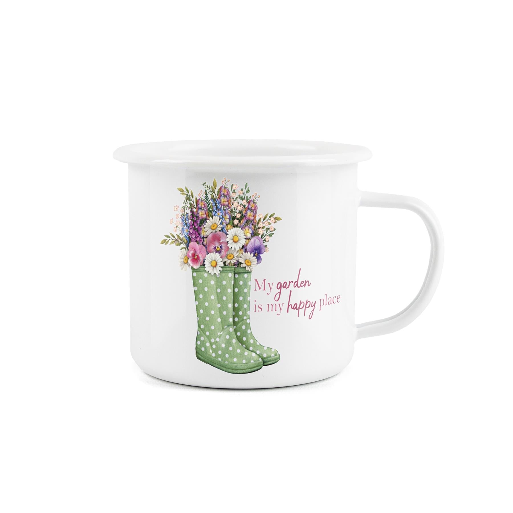 Enamel mug featuring vibrant flowers in green boots with text "My garden is my happy place".