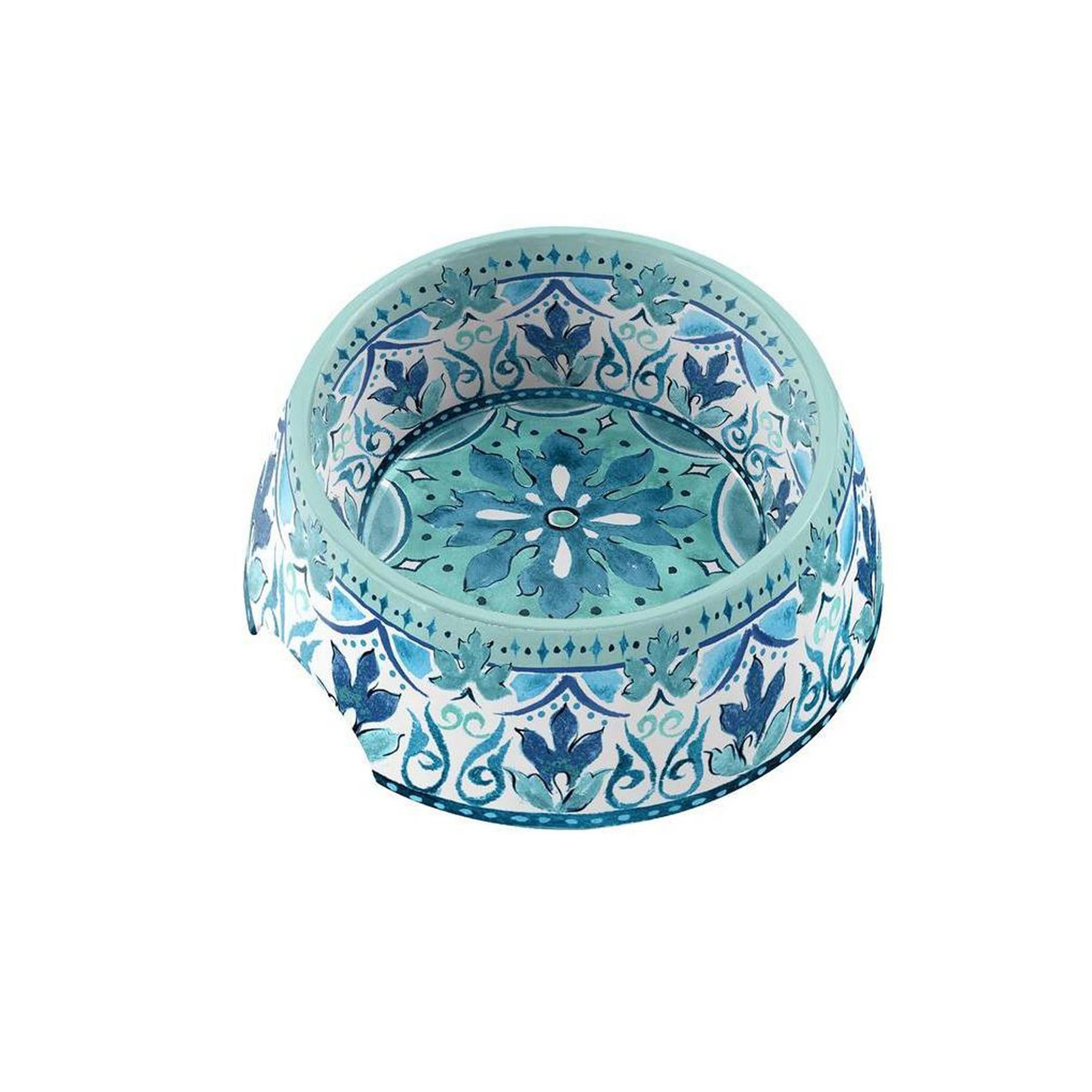 Large pet food bowl featuring a blue floral print design