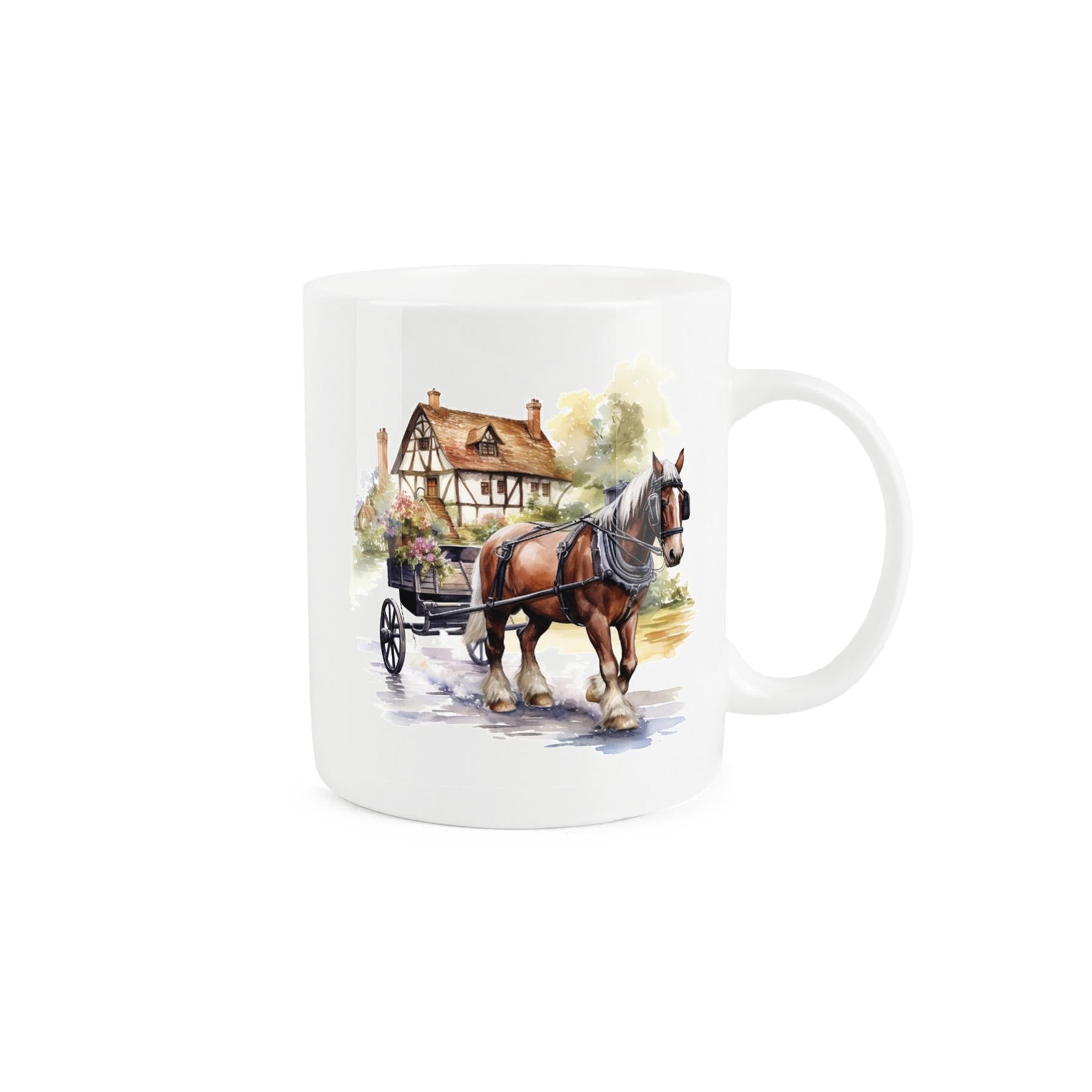 Bone china mug featuring watercolour artwork of horse and cart walking along road