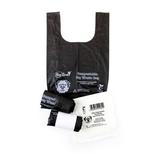 Compostable Dog Waste Bags with Tie-Handles, convenient for dog walks.