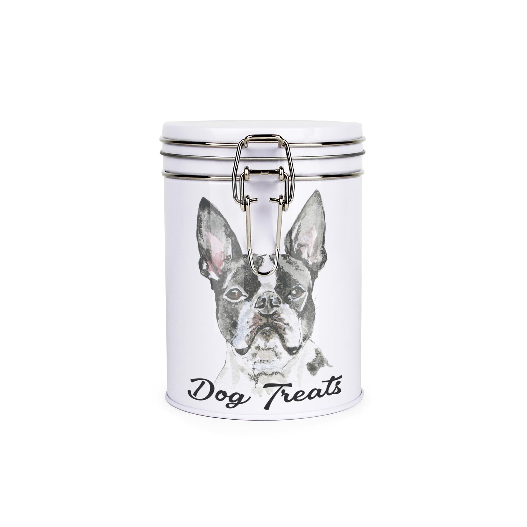White tinplate canister with metal clip and lid featuring the face of a Boston Terrier with the caption 'Dog Treats'