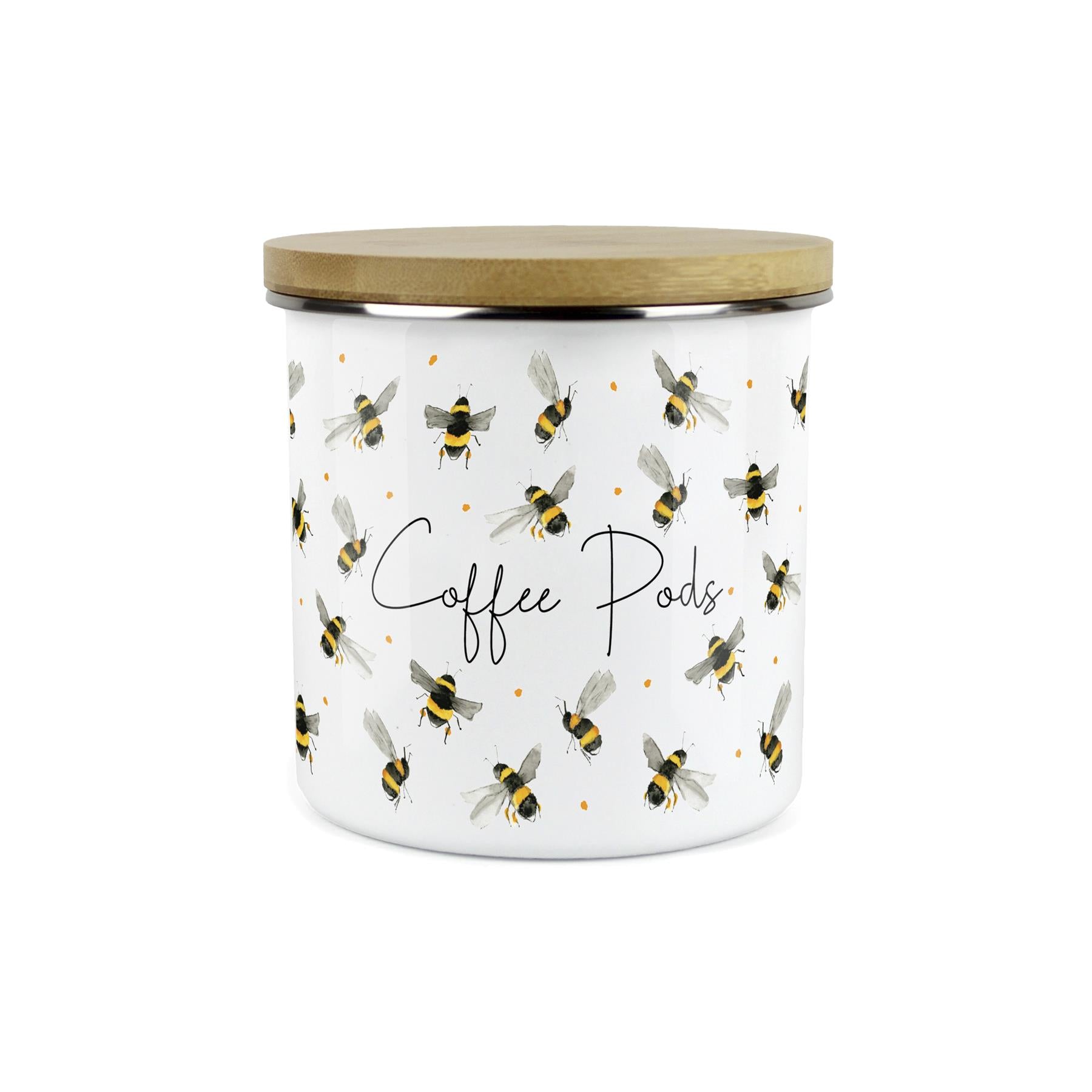Coffee Pods Canister - Watercolour Bees Kitchen Airtight Enamel Storage Jar
