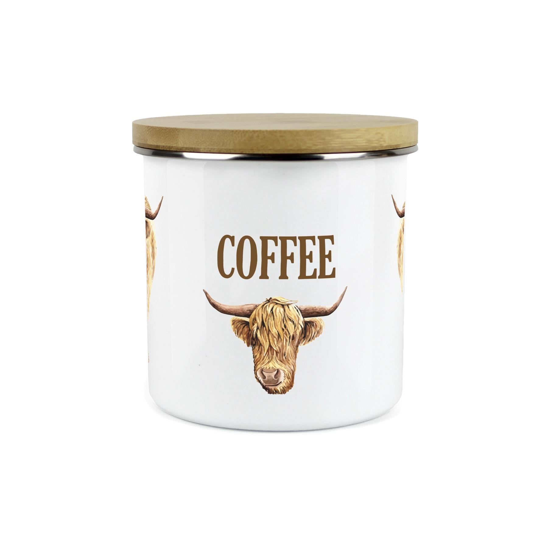 Coffee Highland Cow Storage Canister - Enamel & Bamboo Kitchen Storage Jar