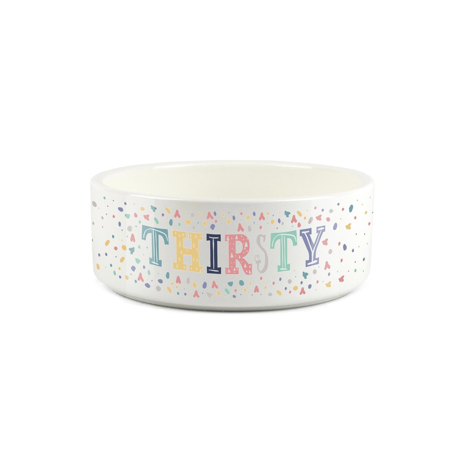 Colourful speckled thirsty design printed onto a small white ceramic pet bowl