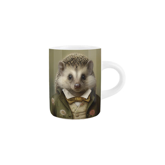 Small ceramic espresso mug adorned with a lovely Edwardian-inspired hedgehog design..