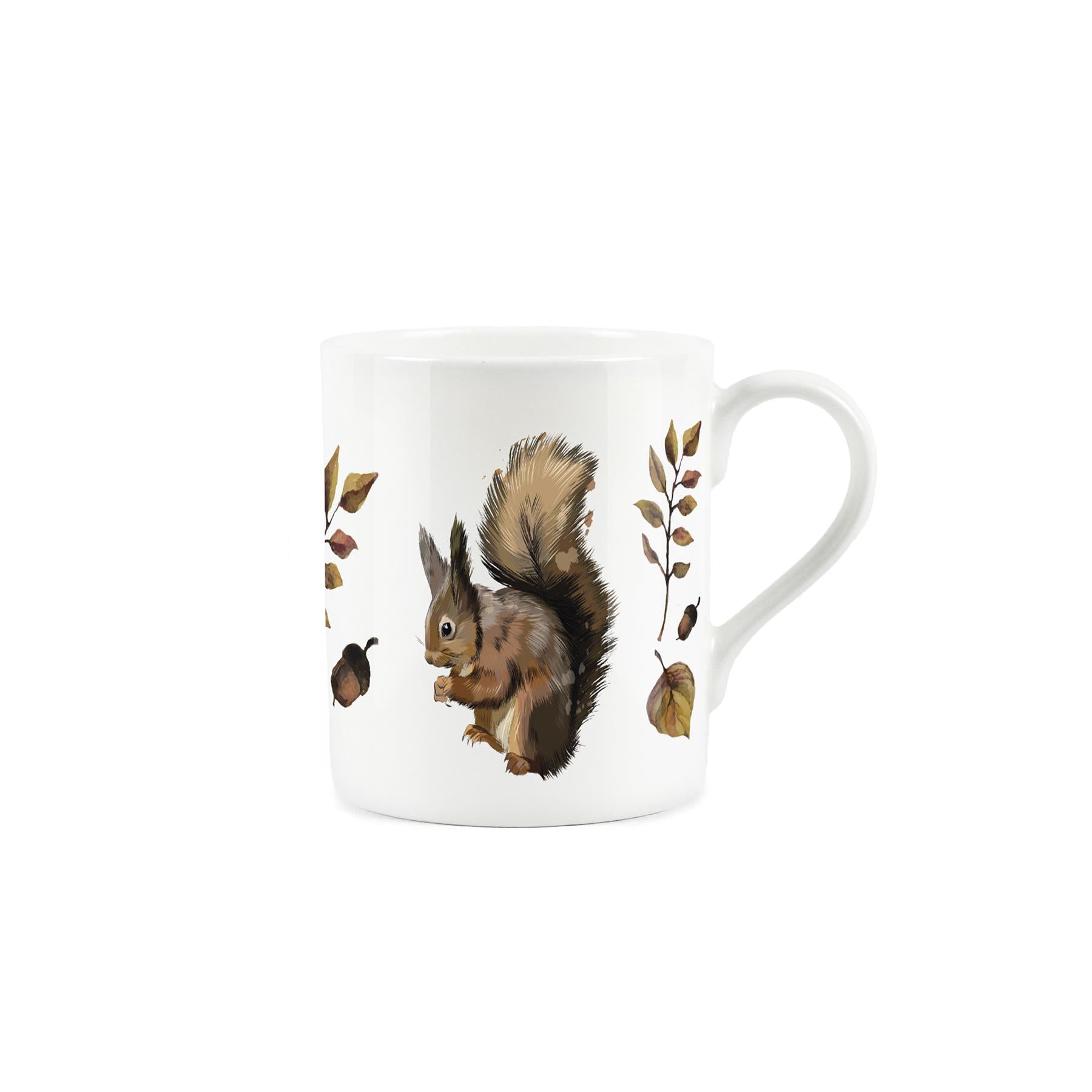 Foraging squirrel surrounded by acorns and leaves on a white bone china mug.