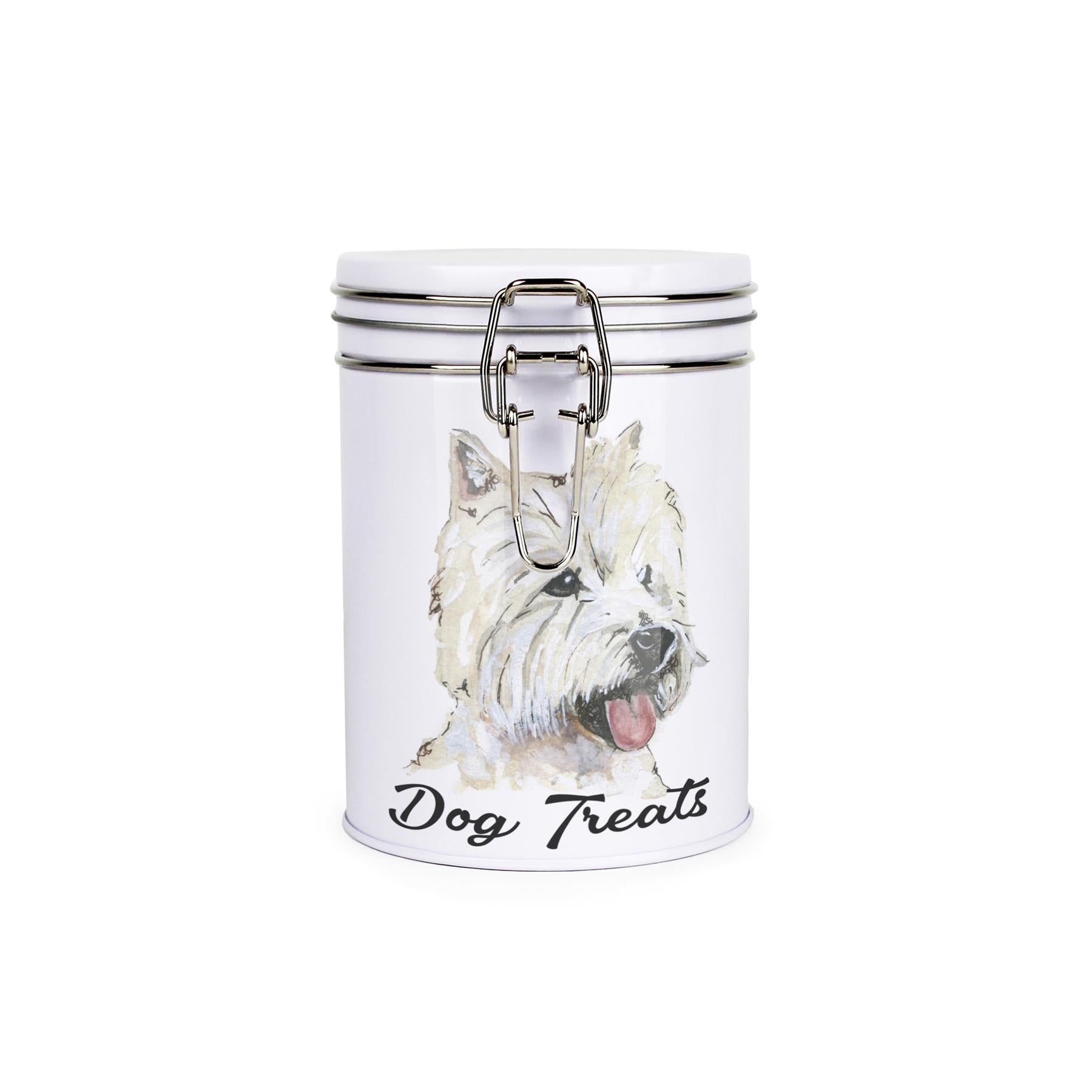 White tinplate canister with metal clip and lid featuring the face of a Westie with the caption 'Dog Treats'
