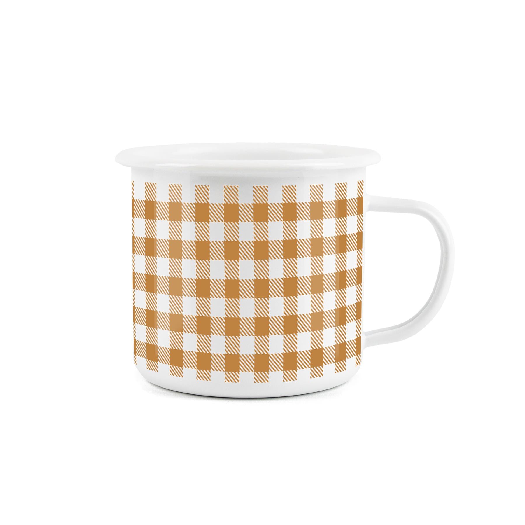 Orange gingham enamel mug, a vibrant companion for outdoor adventures with a durable design and an energetic orange gingham pattern.