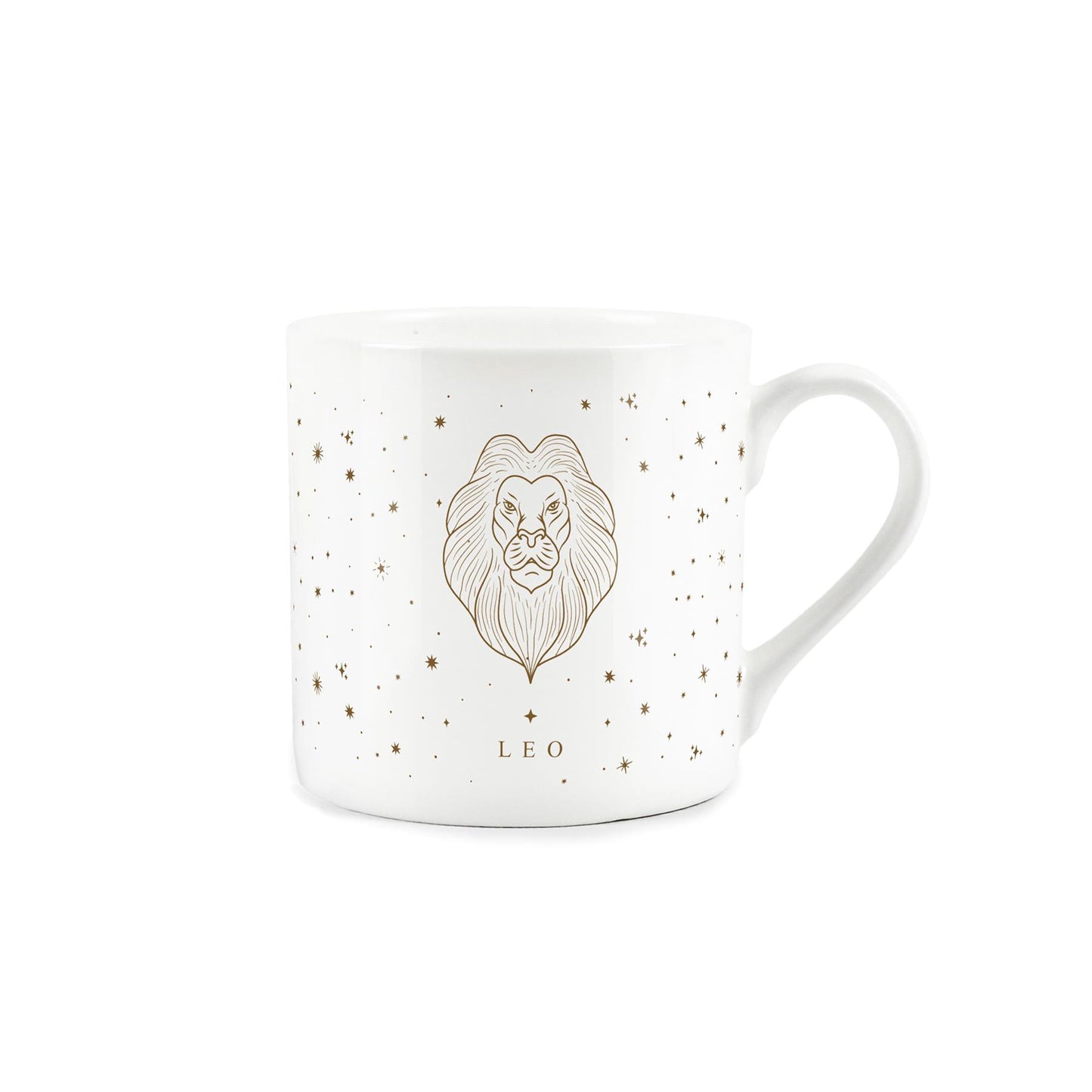 White bone china mug featuring golden stars a captivating Leo zodiac design