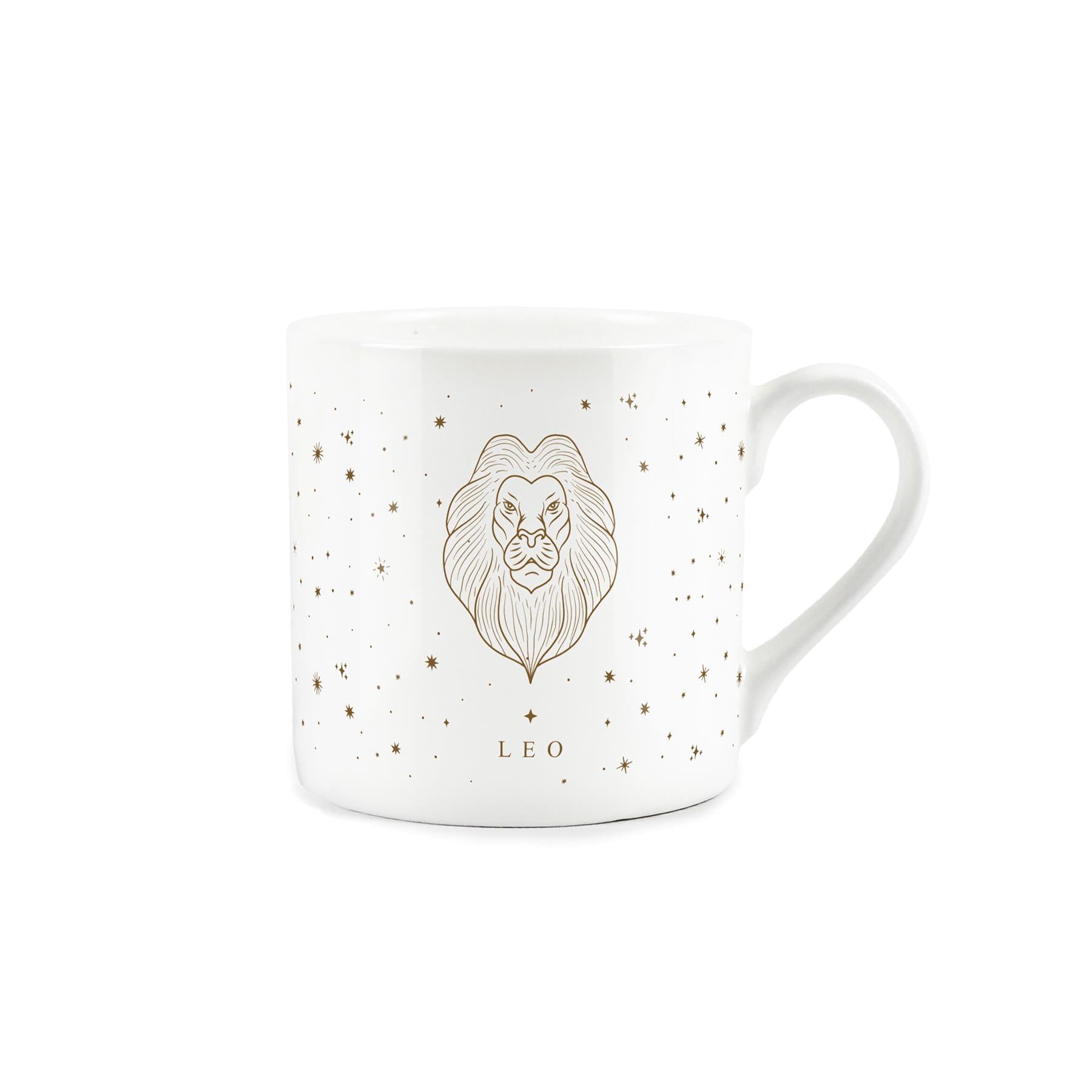 White bone china mug featuring golden stars a captivating Leo zodiac design
