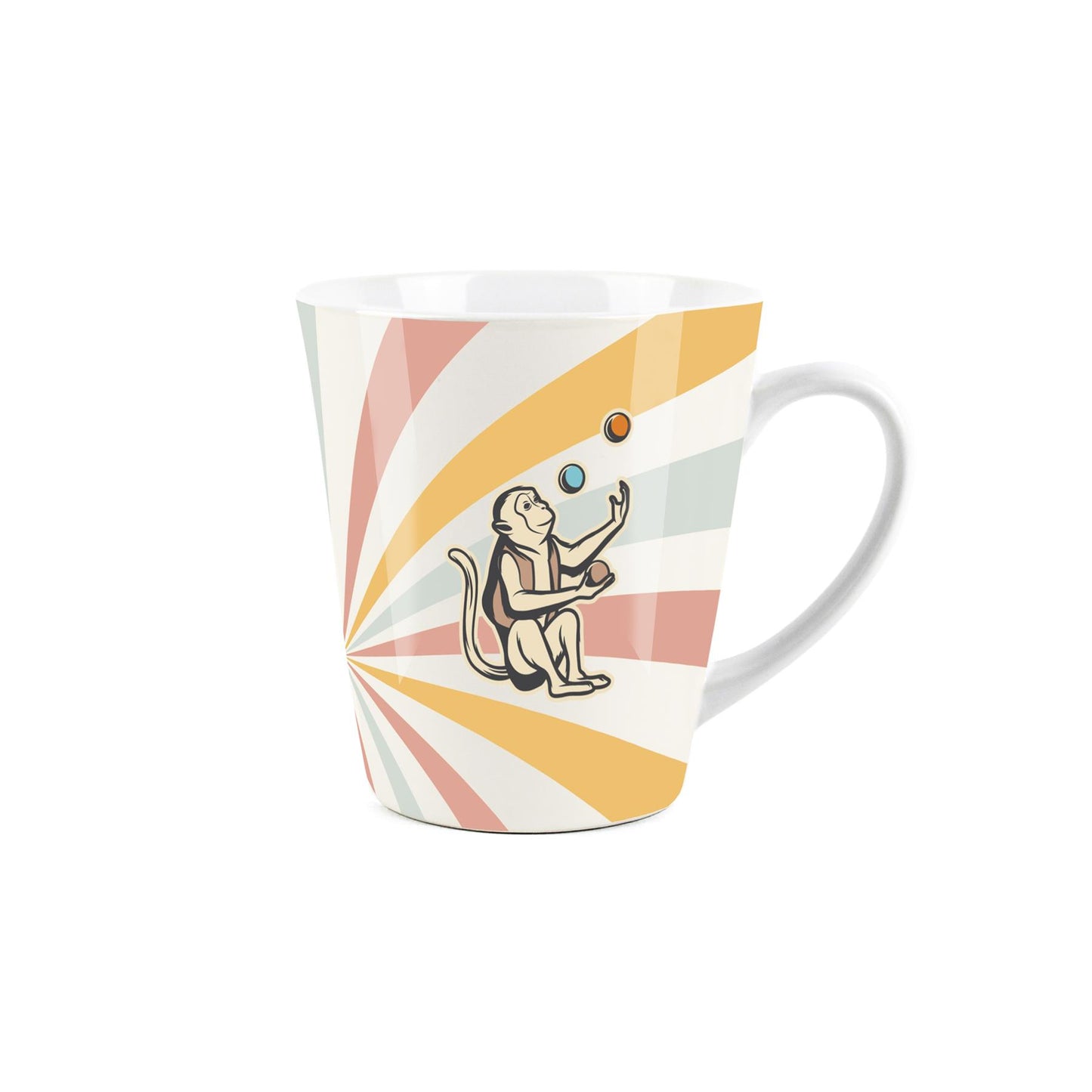 Small white latte mug featuring a vintage circus design