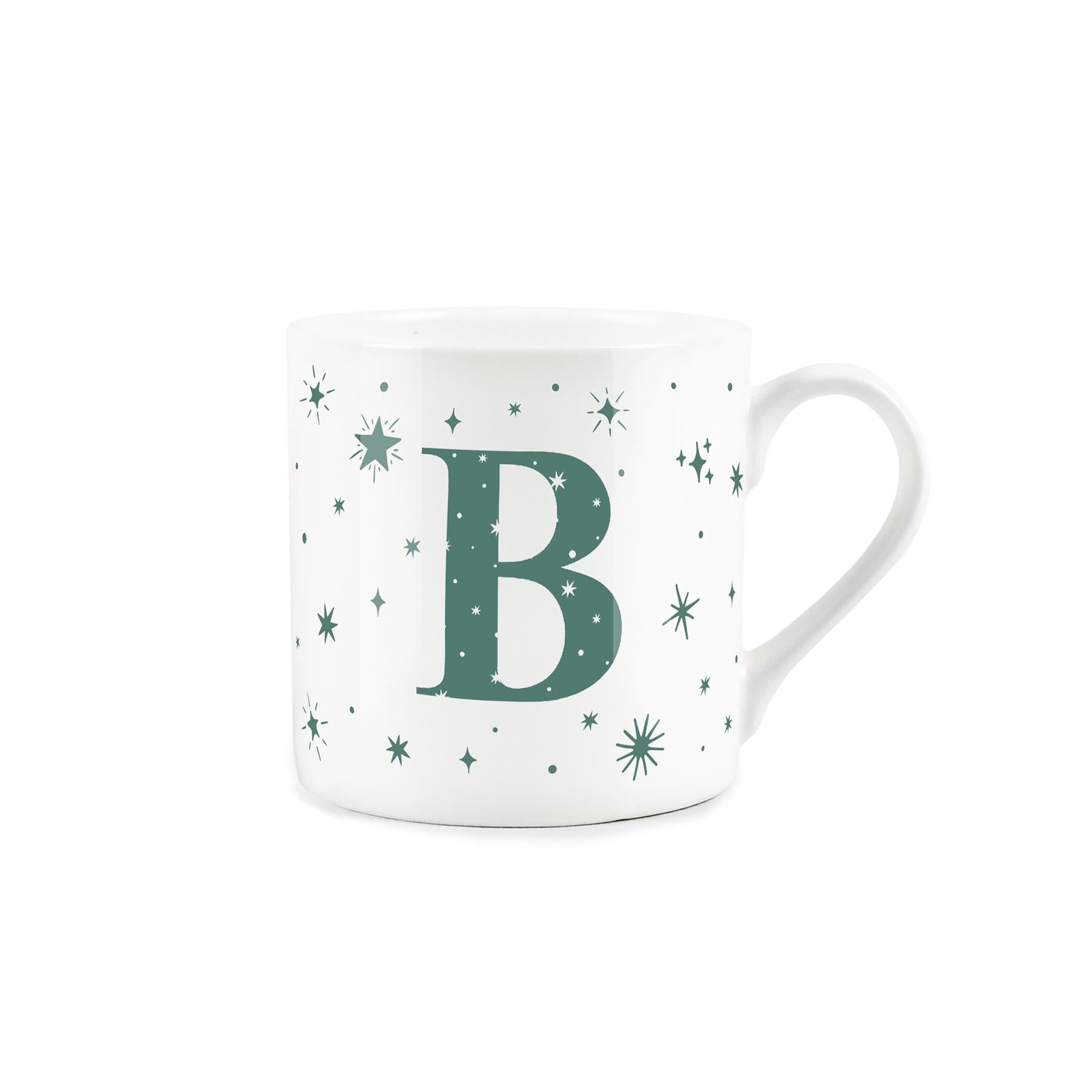 White bone china mug with green stars and letter 'B' alphabet design