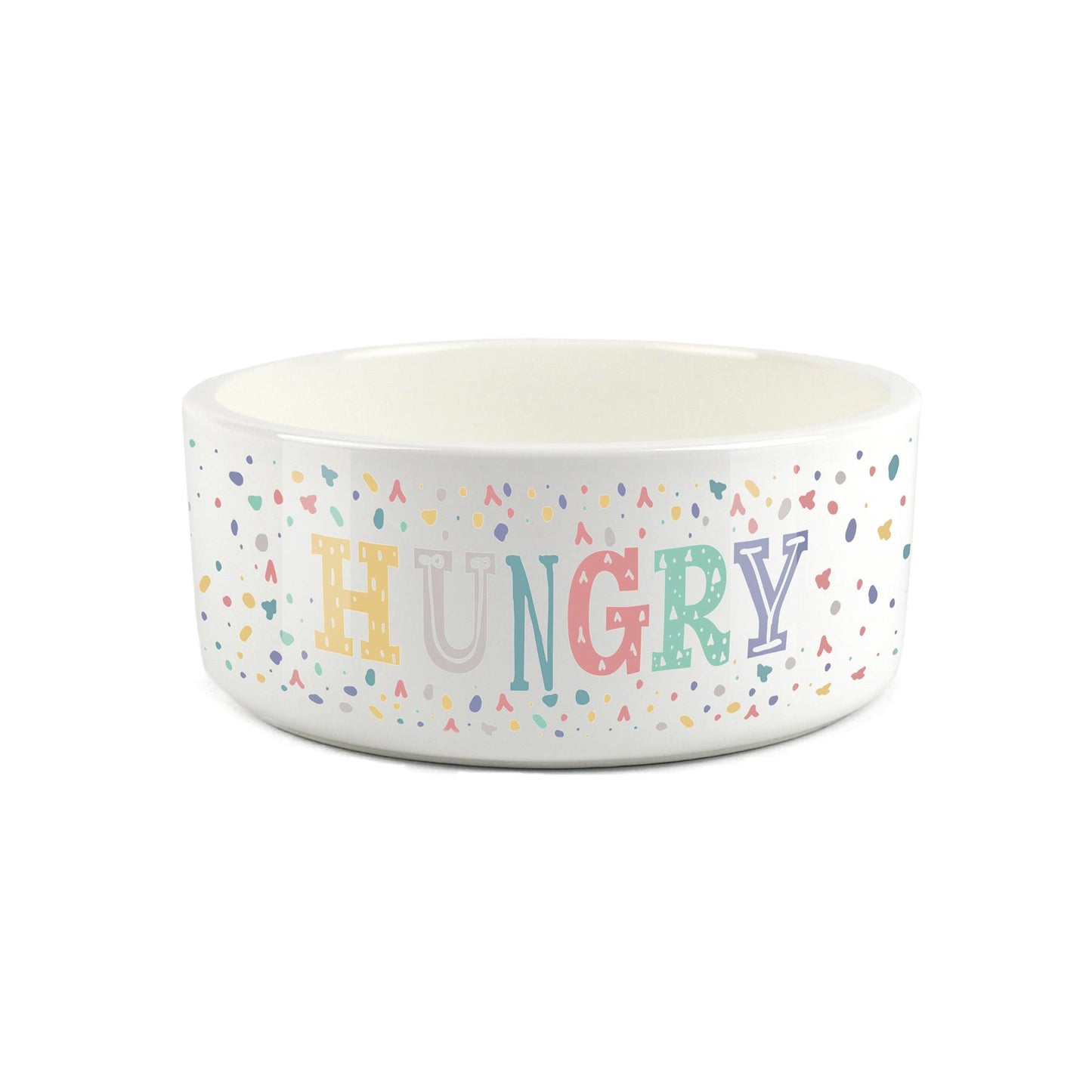Colourful speckled hungry design printed onto a large white ceramic pet bowl